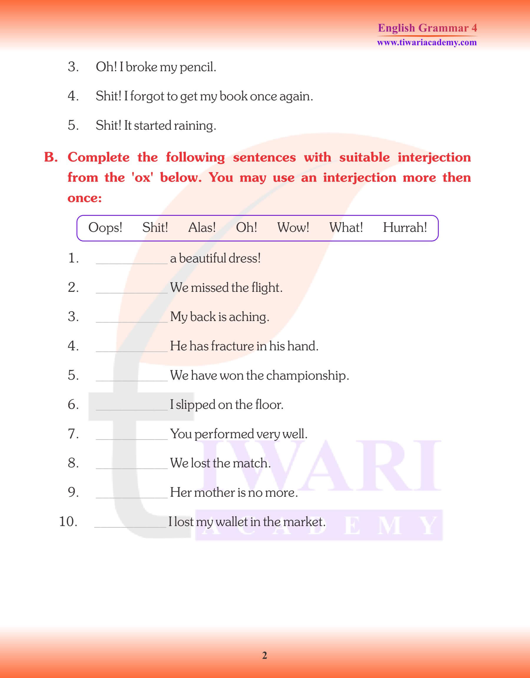Class 4 English Grammar Interjection Exercises