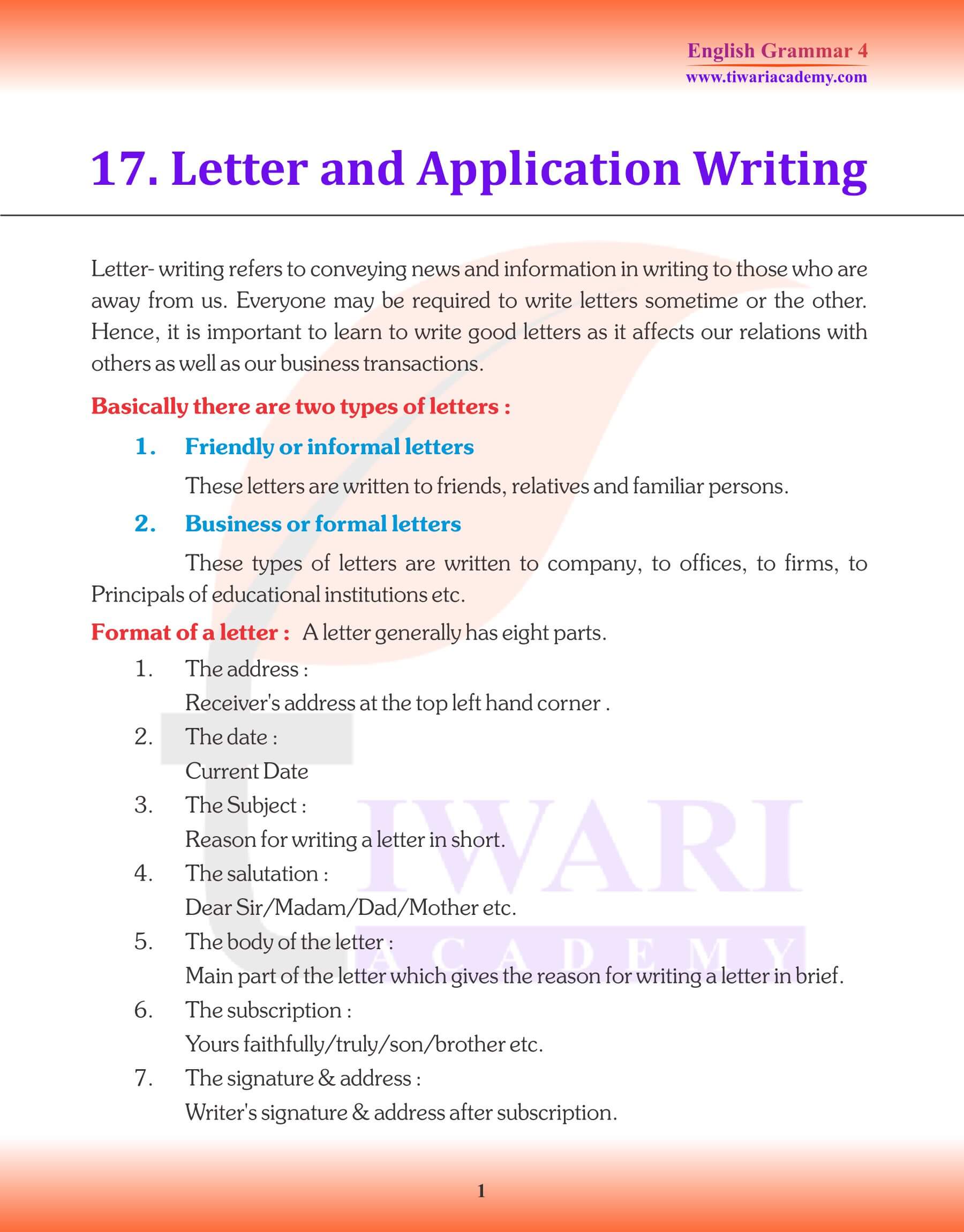 Class 4 Grammar Letter and Application Writing