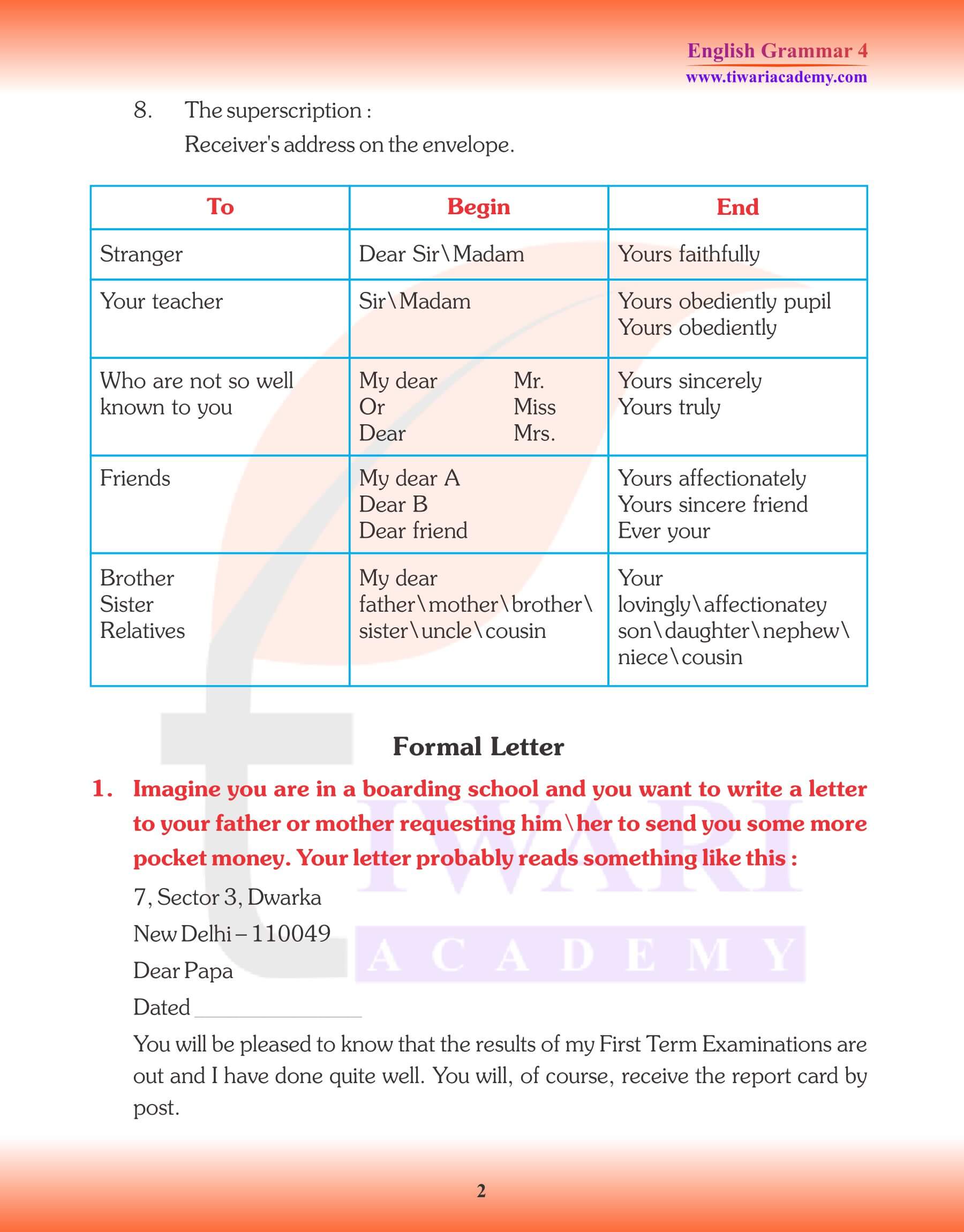 Class 4 Grammar Letter Writing