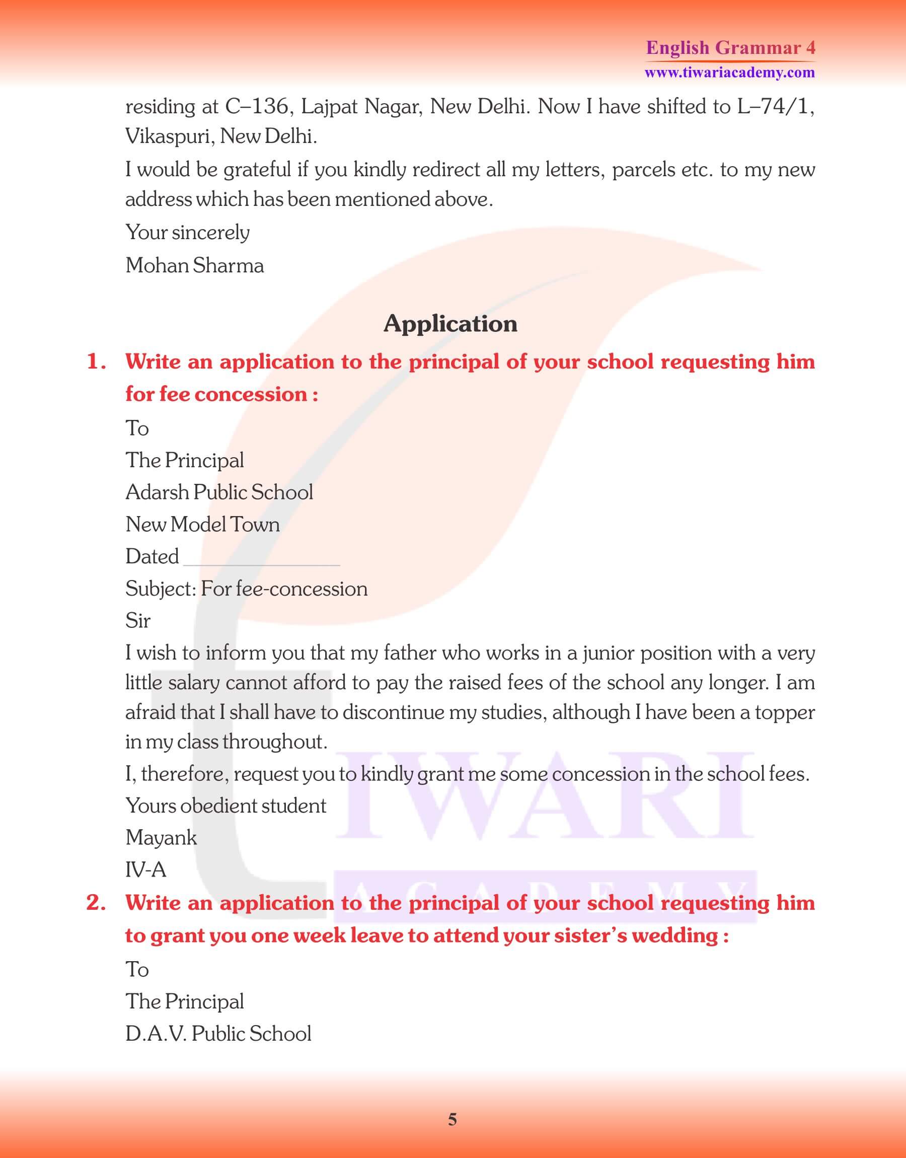 4th Grammar Letter Application Writing