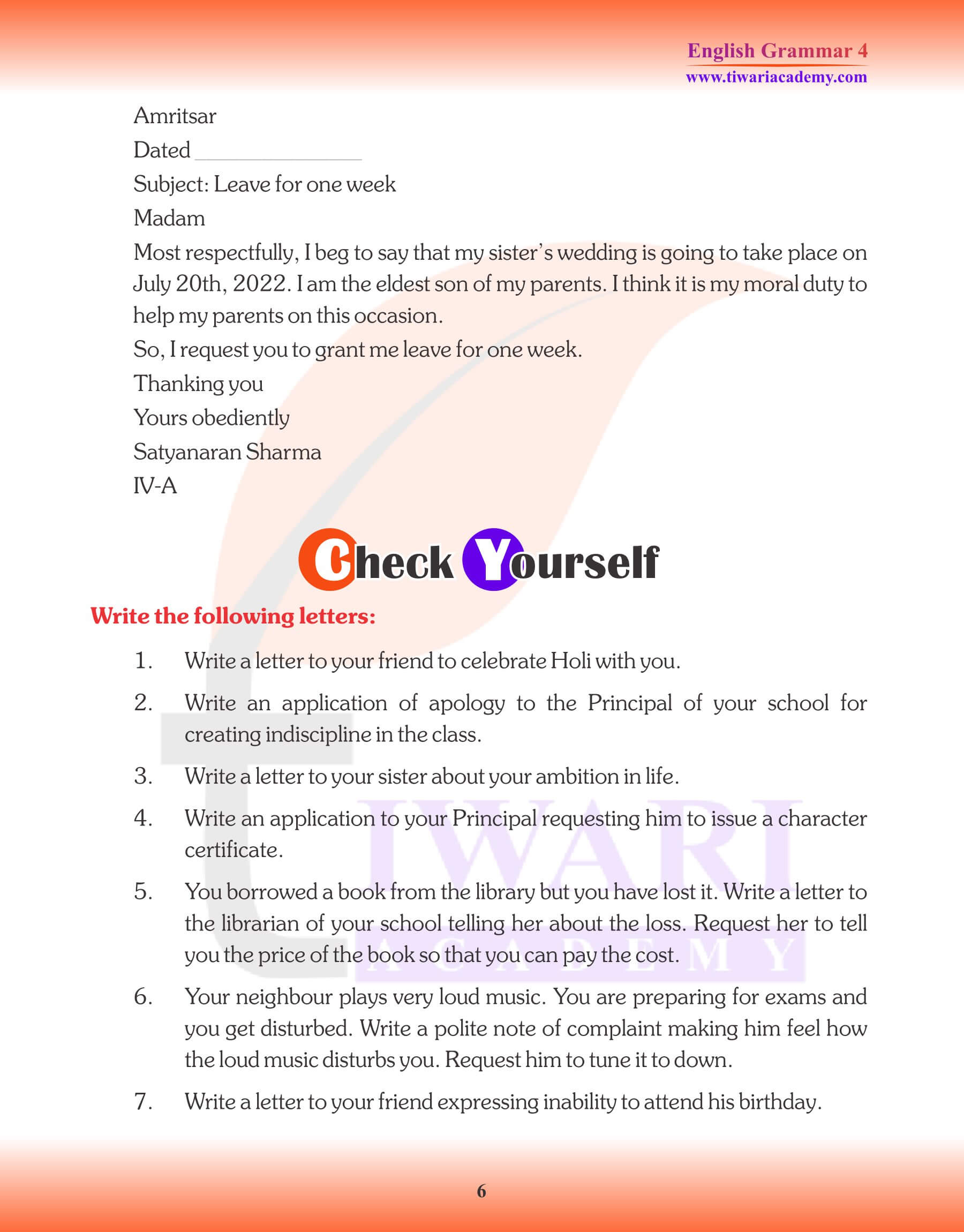 4th Grammar Letter Application Revision