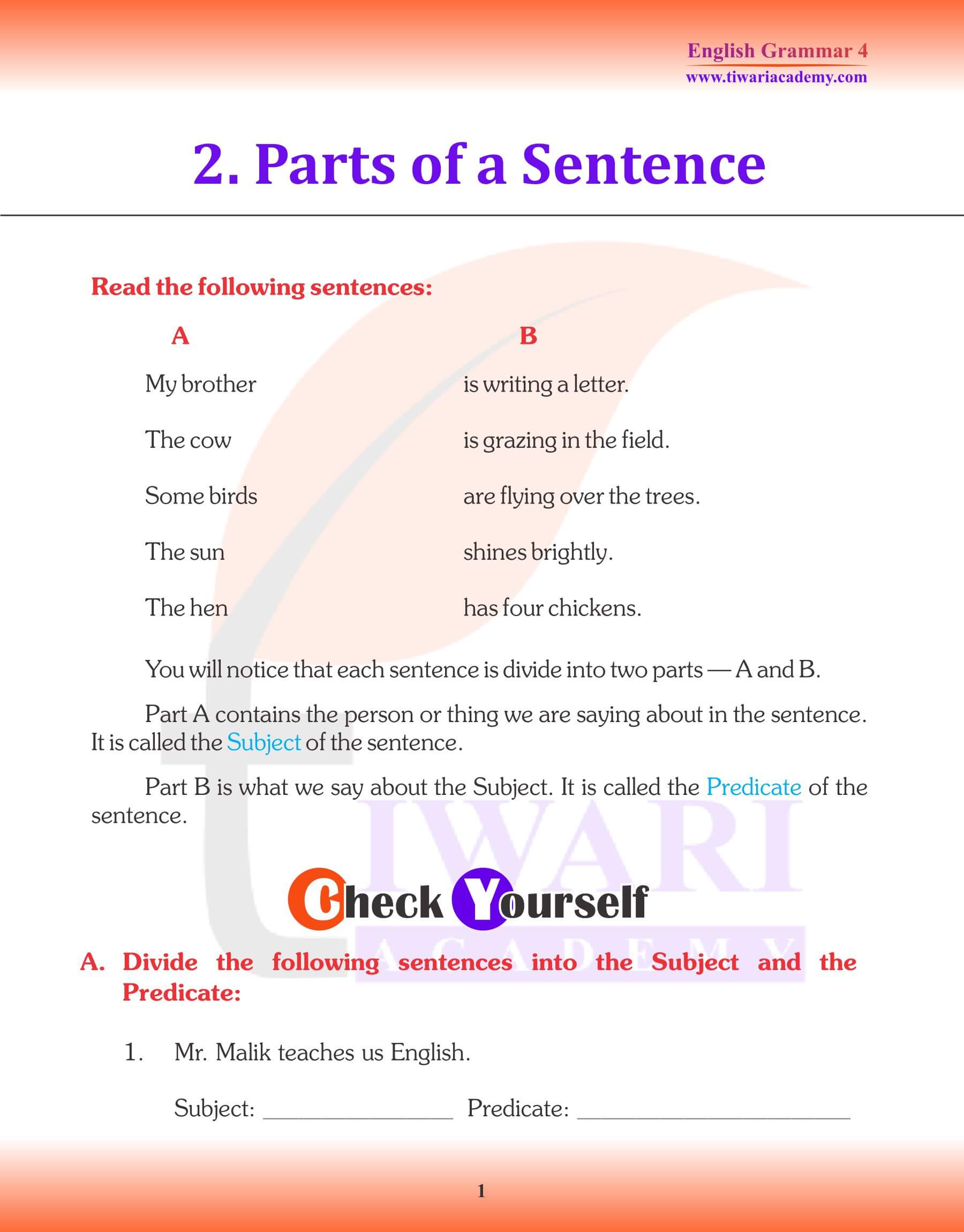 Class 4 English Grammar Parts of a Sentence