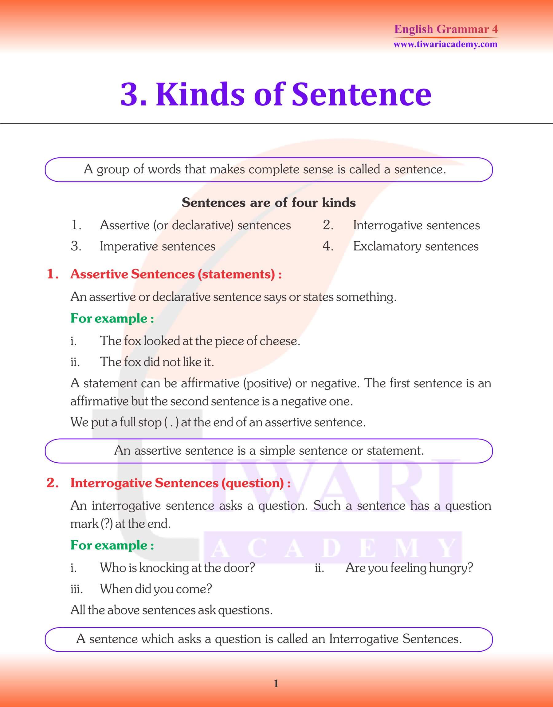 4th English Grammar Chapter 3 Kinds of Sentence