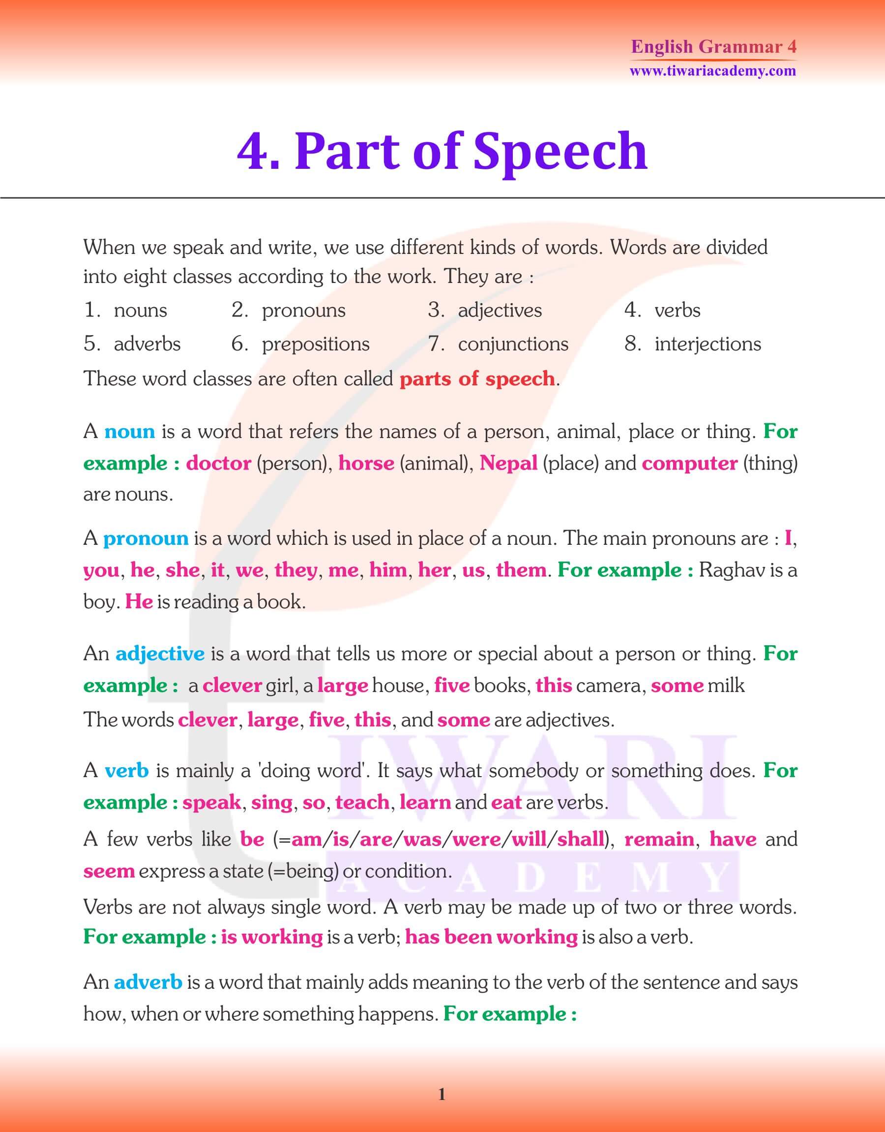 Revision of Class 4 English Grammar Chapter 4 Part of Speech