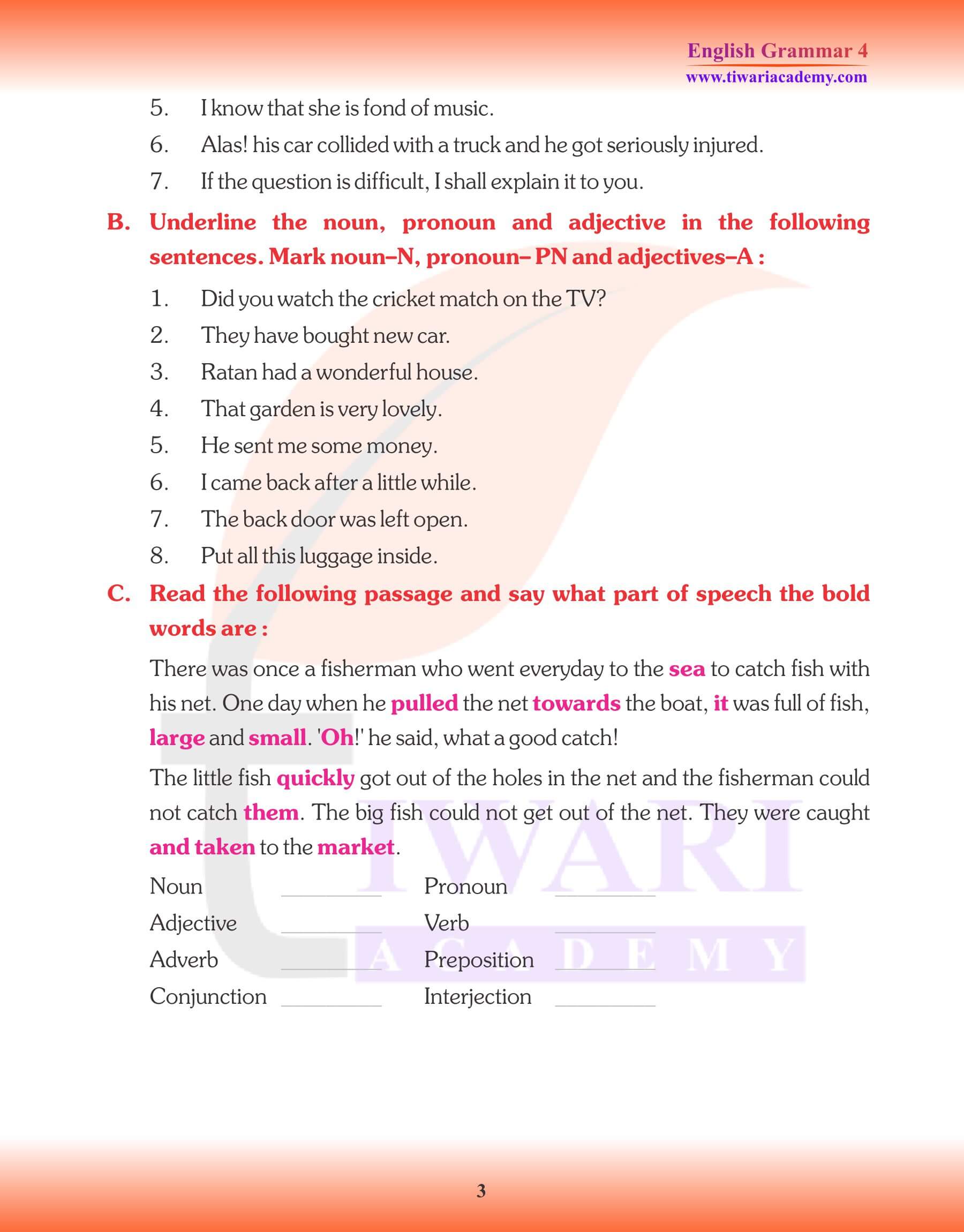 Class 4 English Grammar Chapter 4 Part of Speech Assignments