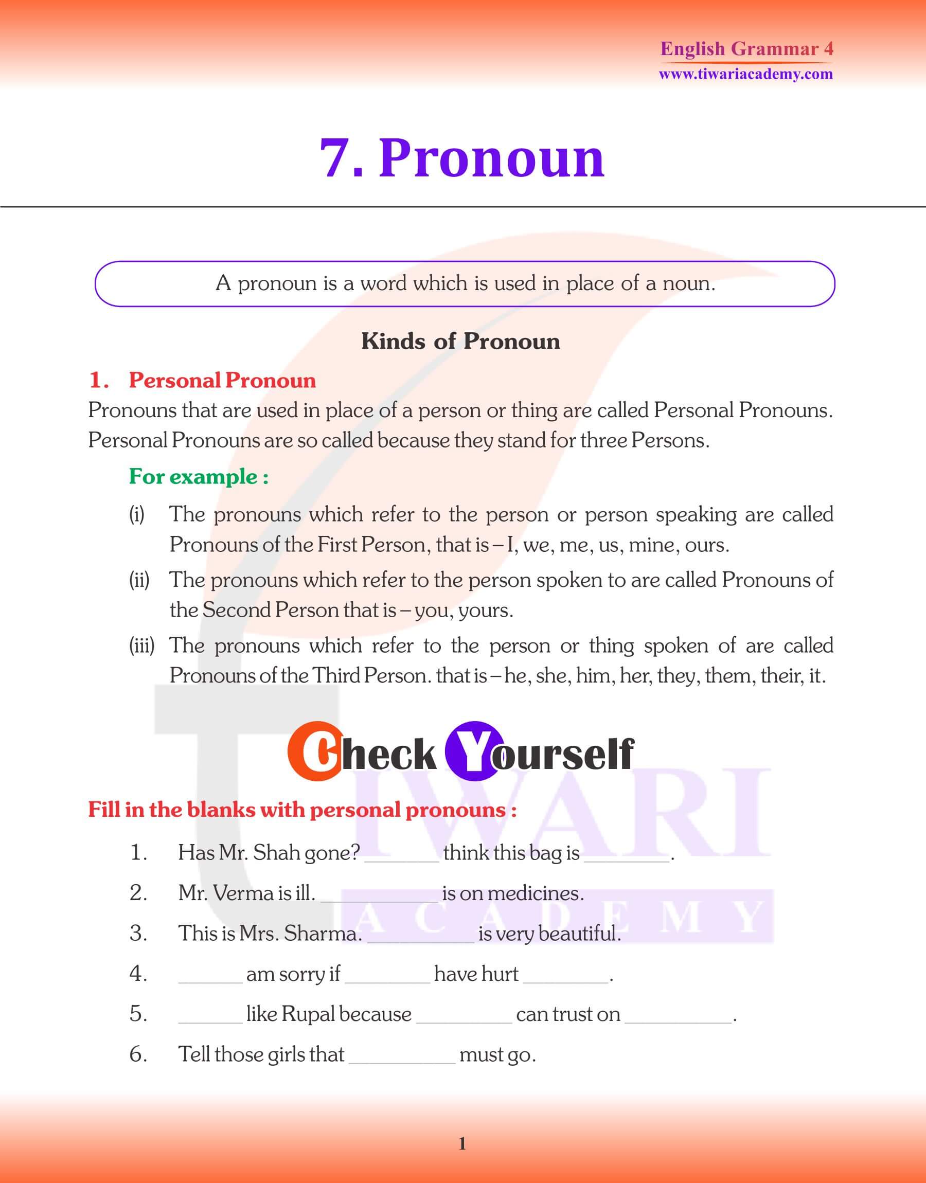 Class 4 English Grammar Personal Pronoun Revision