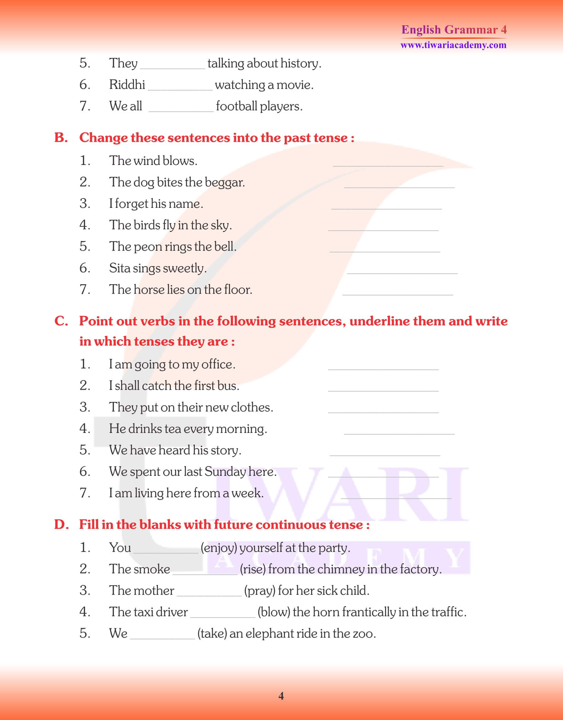 Class 4 English Grammar Tense Assignments