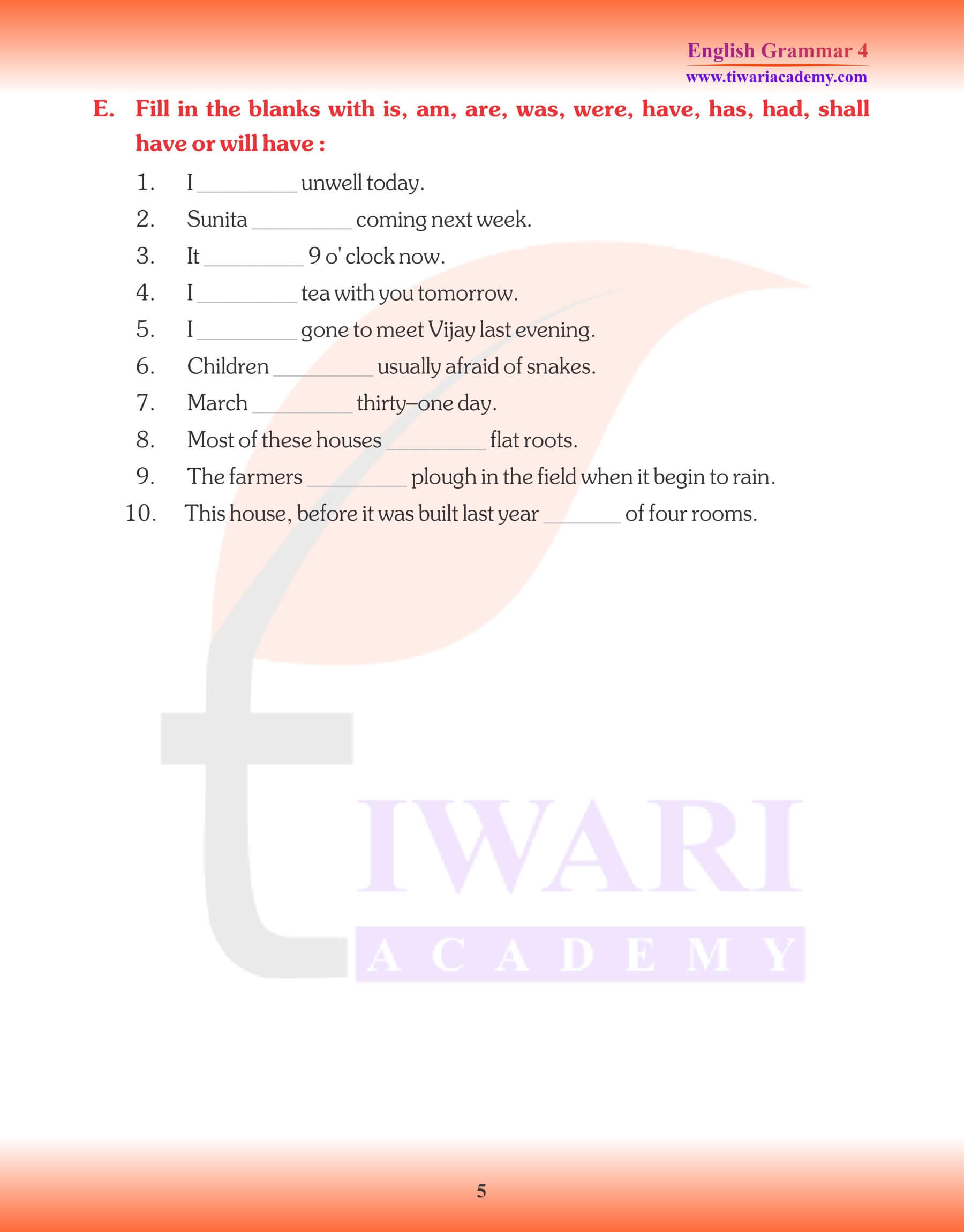 Class 4 English Grammar Tense worksheets
