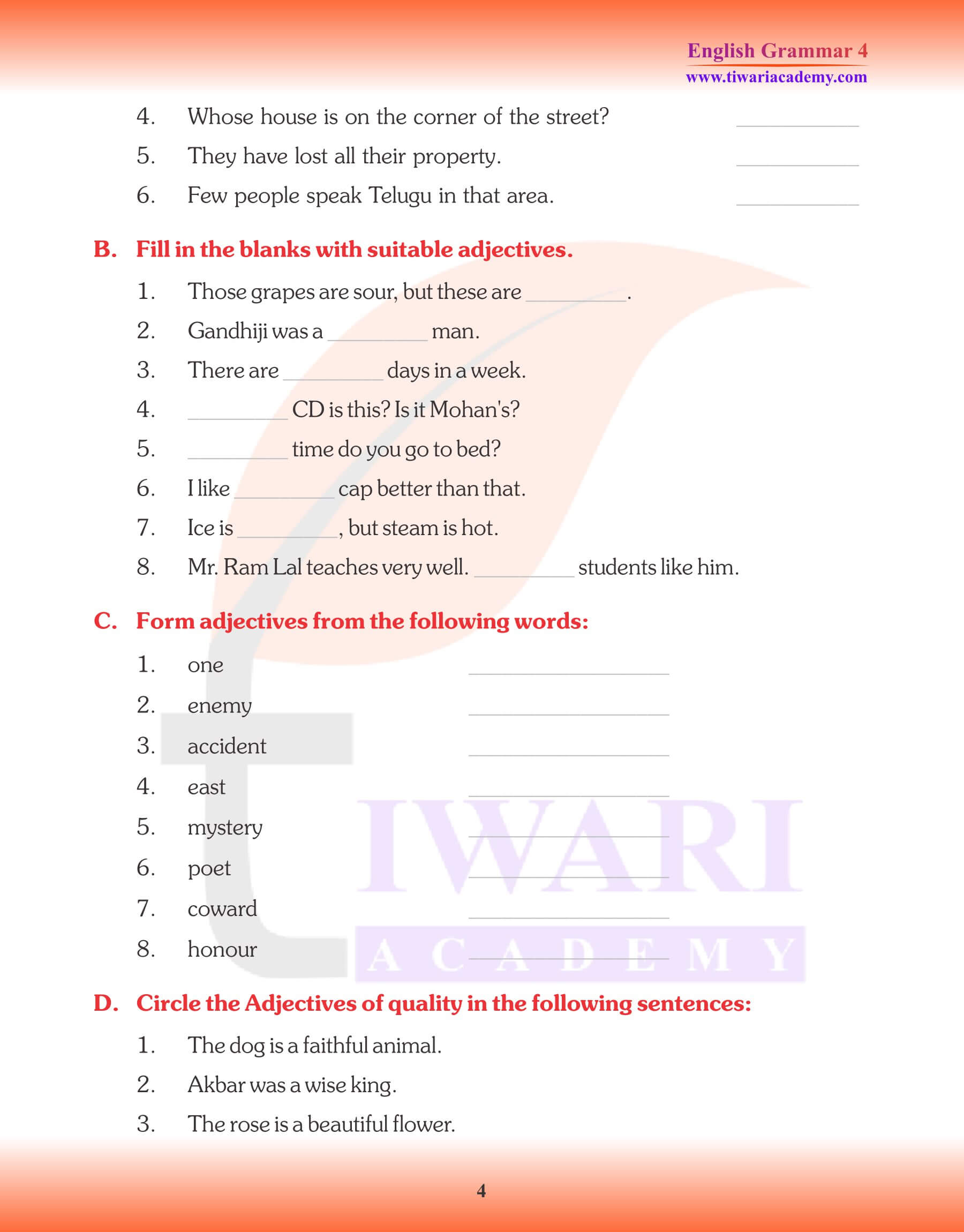 Class 4 Grammar Adjective types examples