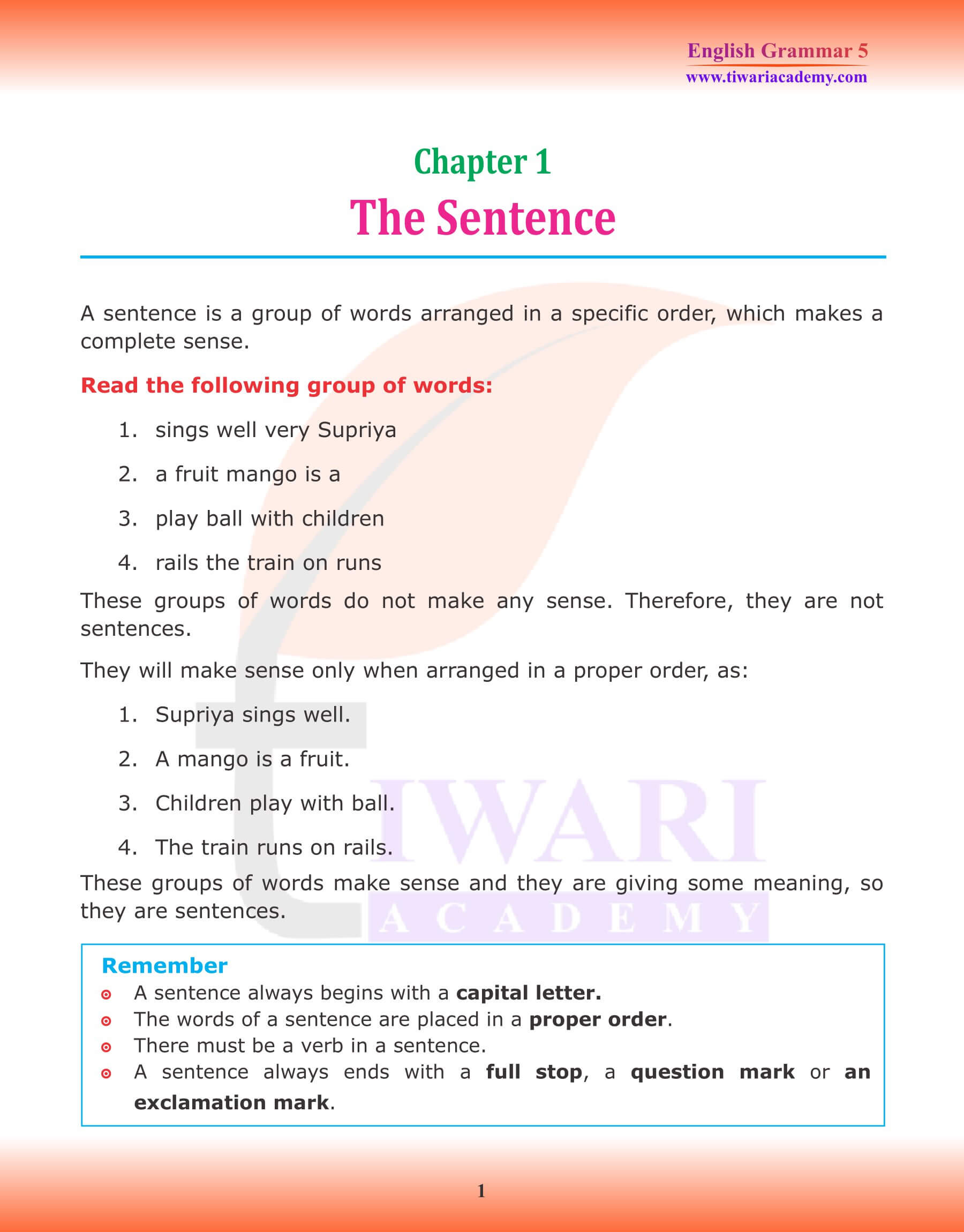 Class 5 English Grammar Worksheets With Answers Chapter 1