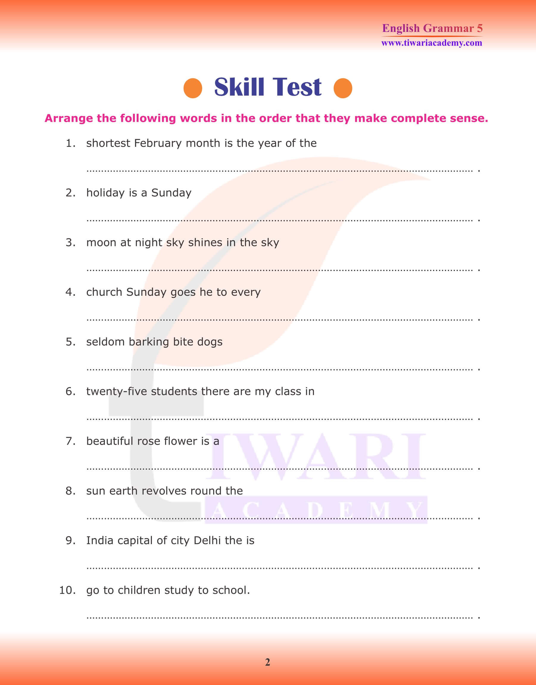 Class 5 English Grammar Chapter 1 The Sentence Exercises