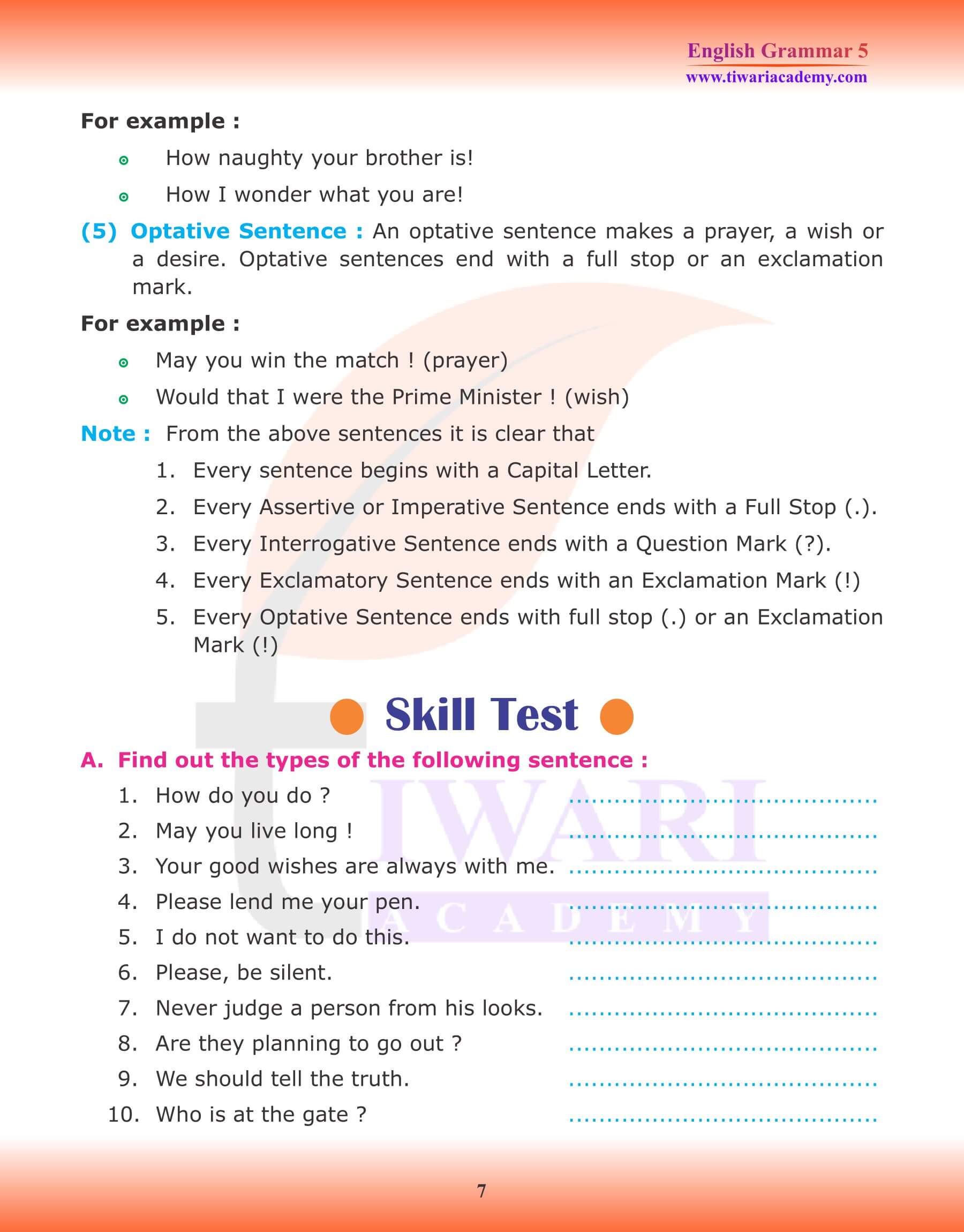 Class 5 English Grammar The Sentence Revision notes