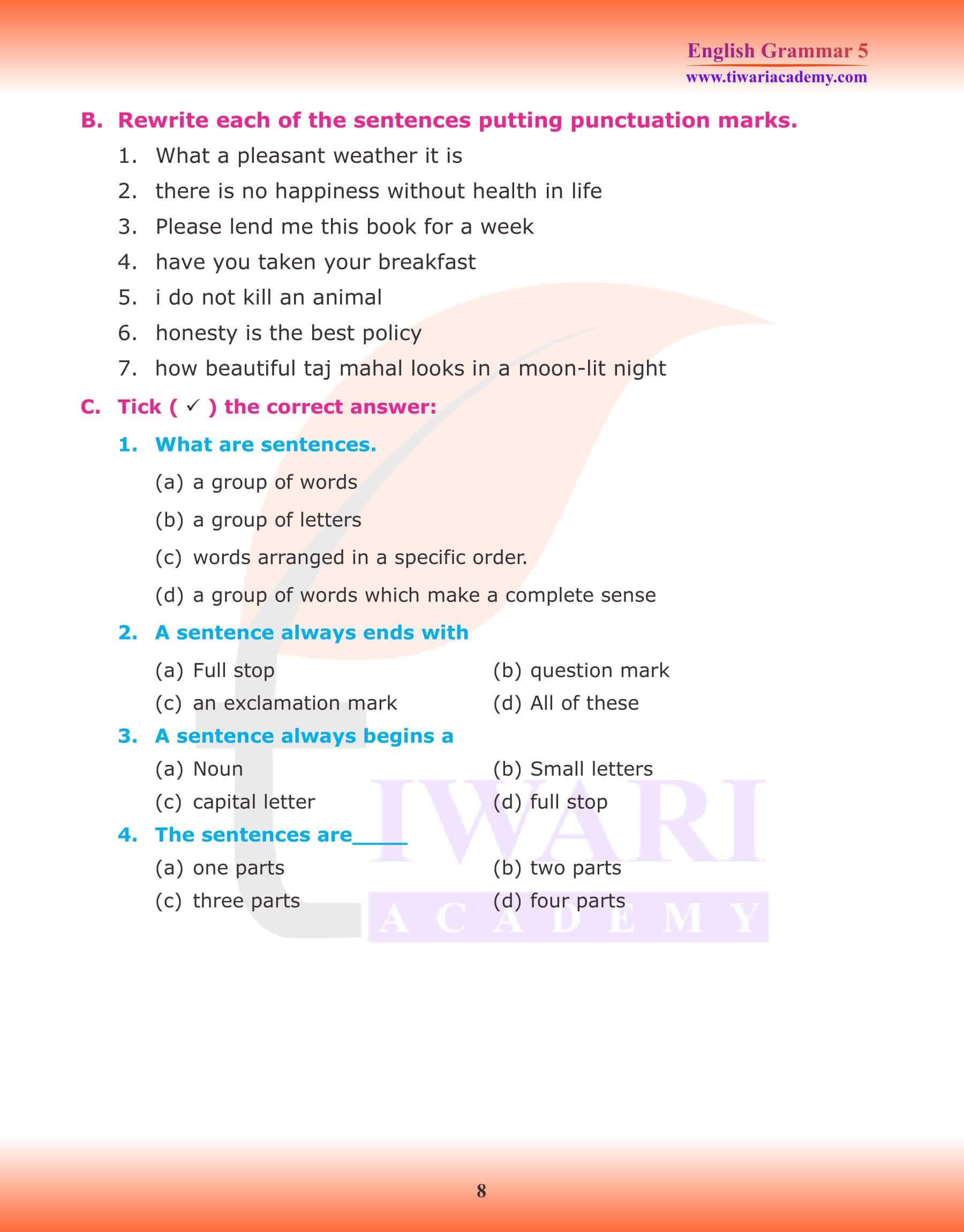 Class 5 English Grammar The Sentence Worksheets