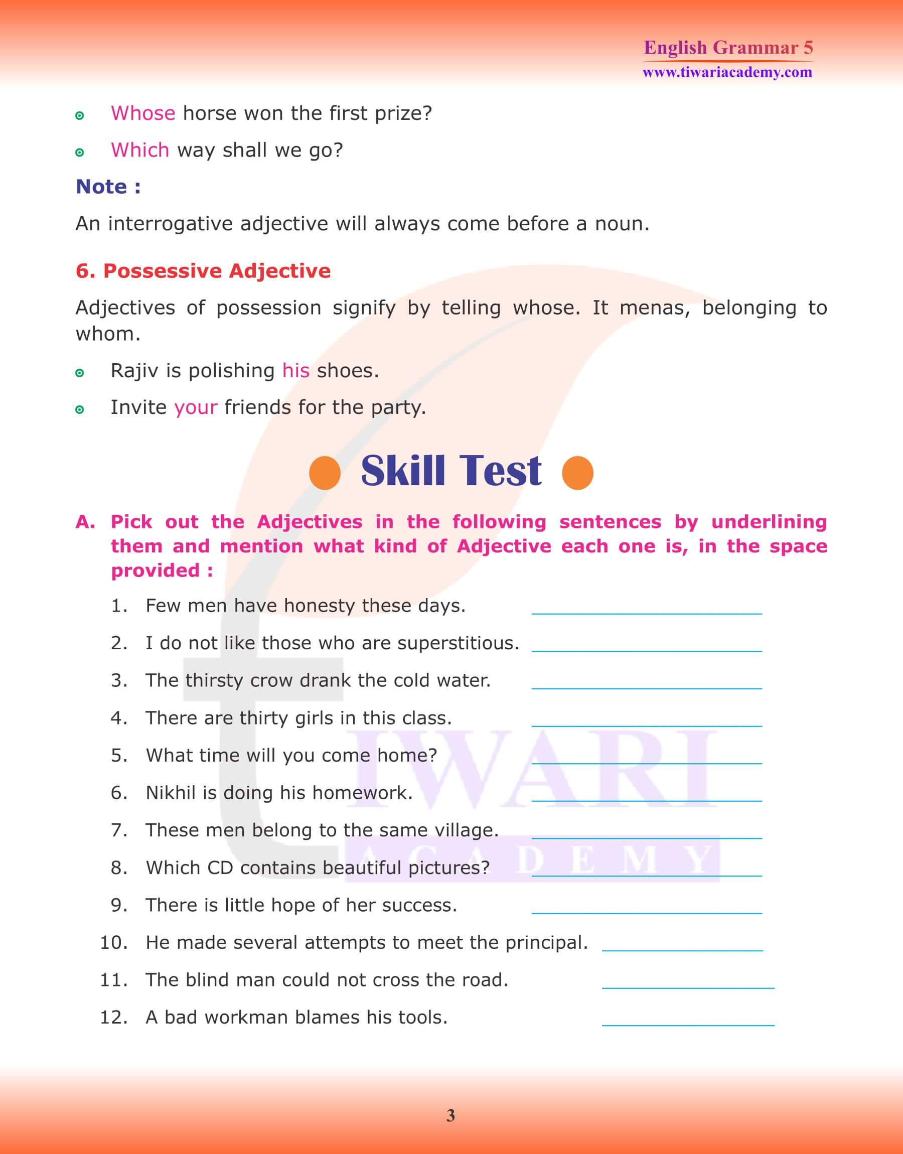 Class 5 English Grammar Adjective Exercises