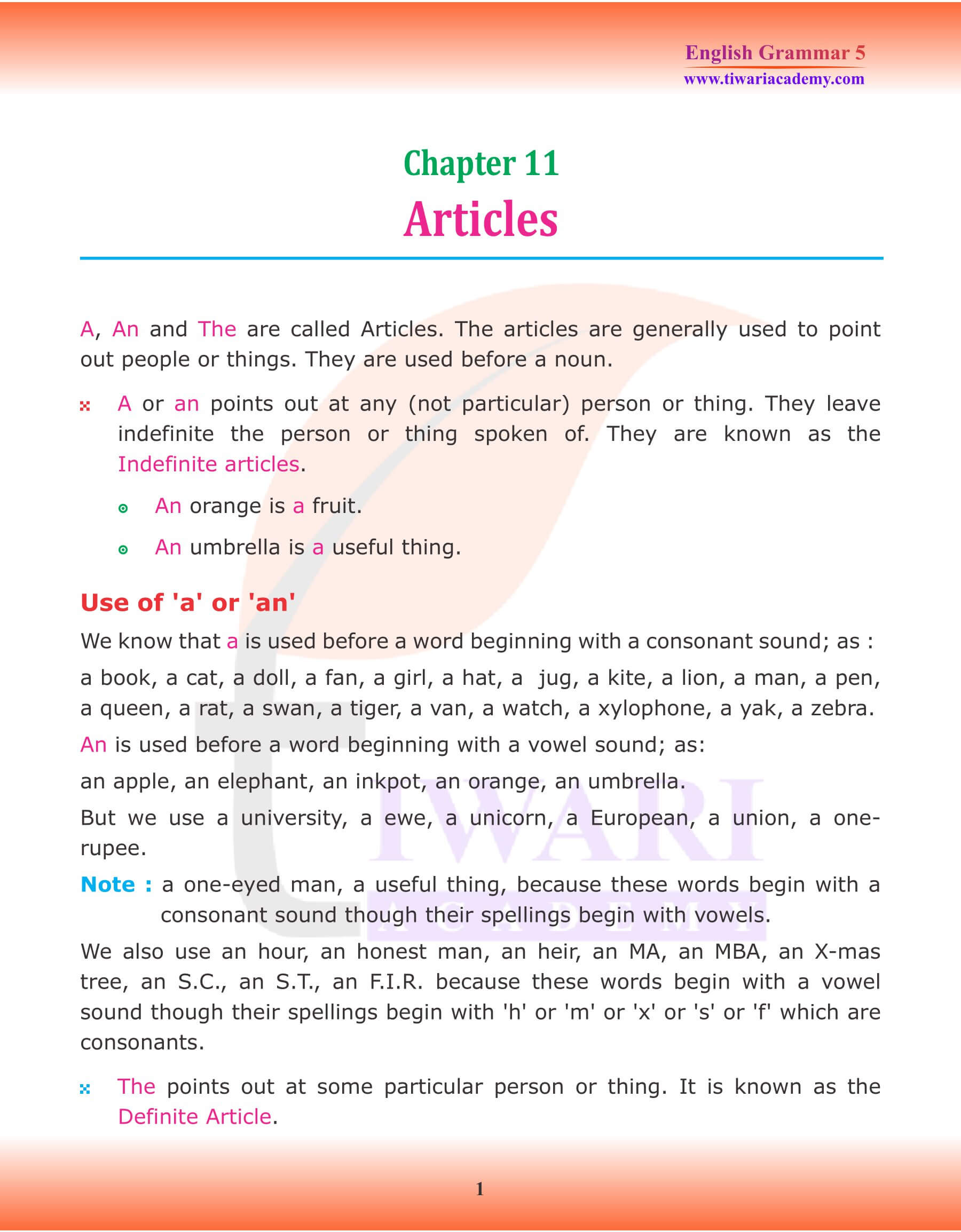 Class 5 Grammar Chapter 11 Articles