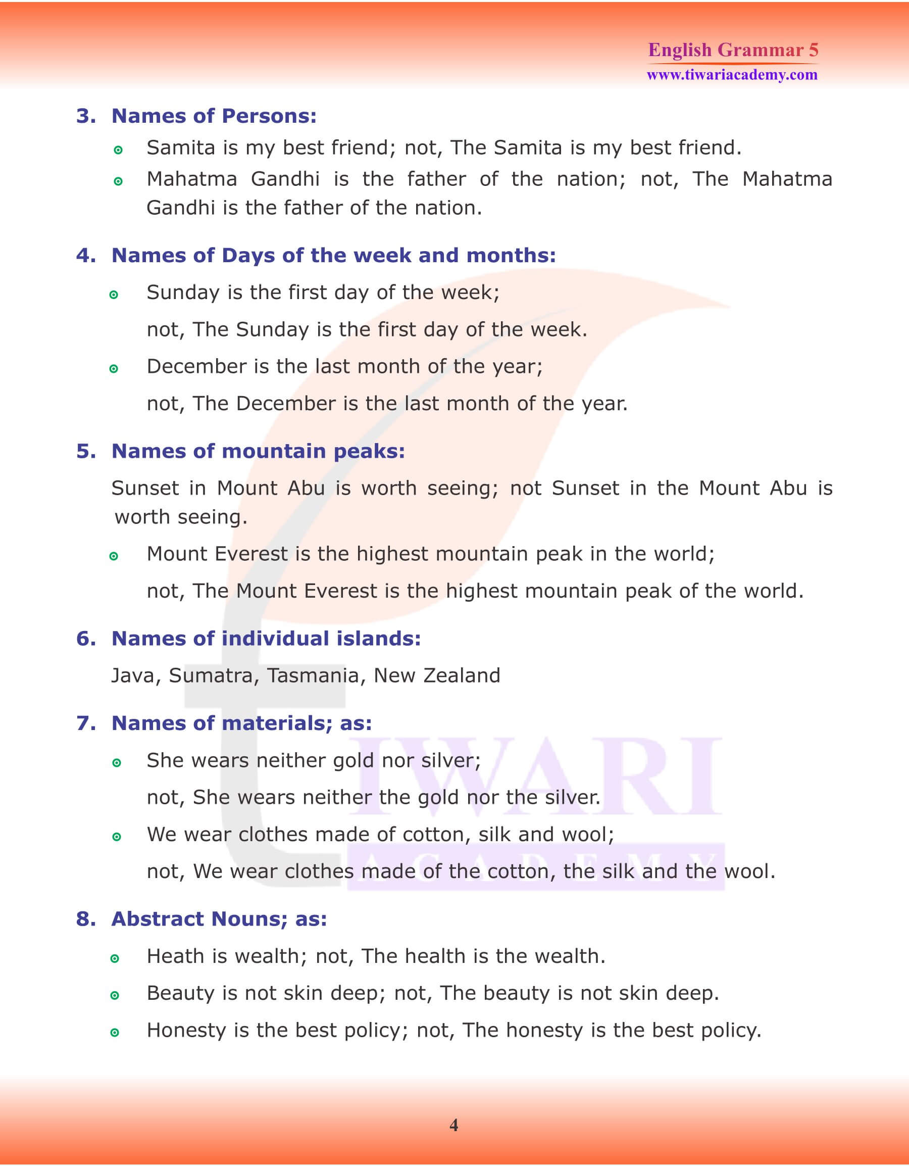 Class 5 English Grammar Articles Examples