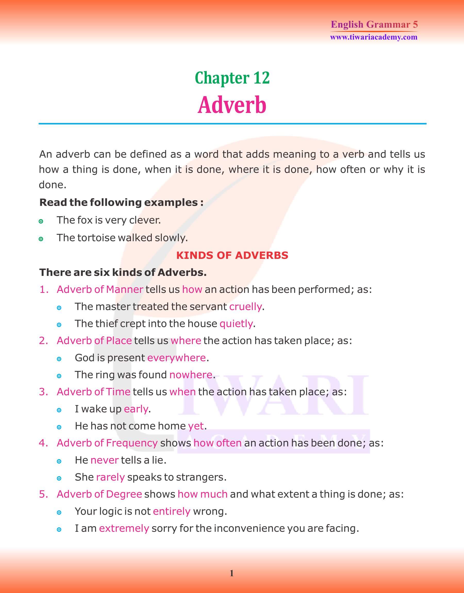 Class 5 English Grammar Chapter 12 Type of Adverbs