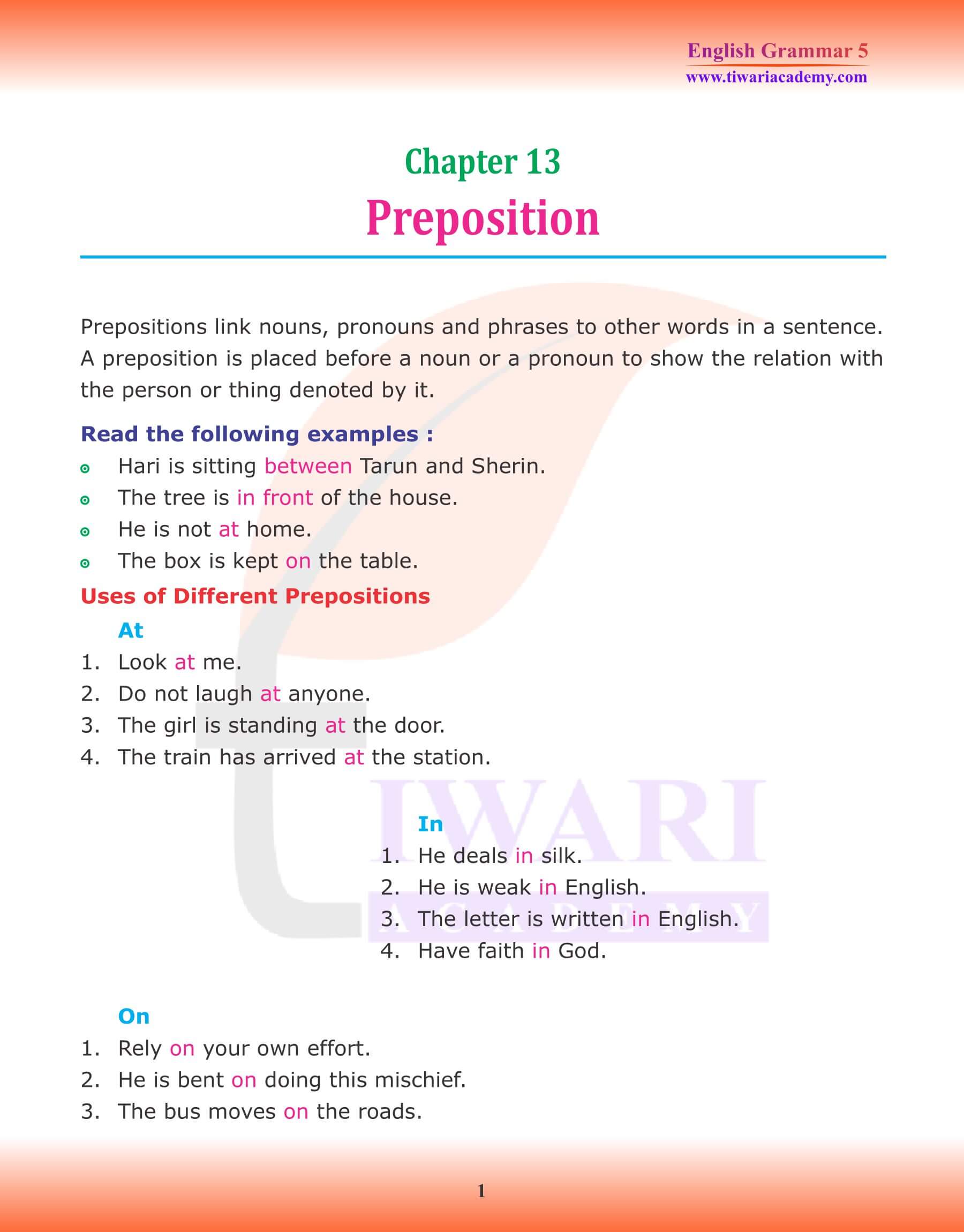 Class 5 Grammar Chapter 13 Prepositions