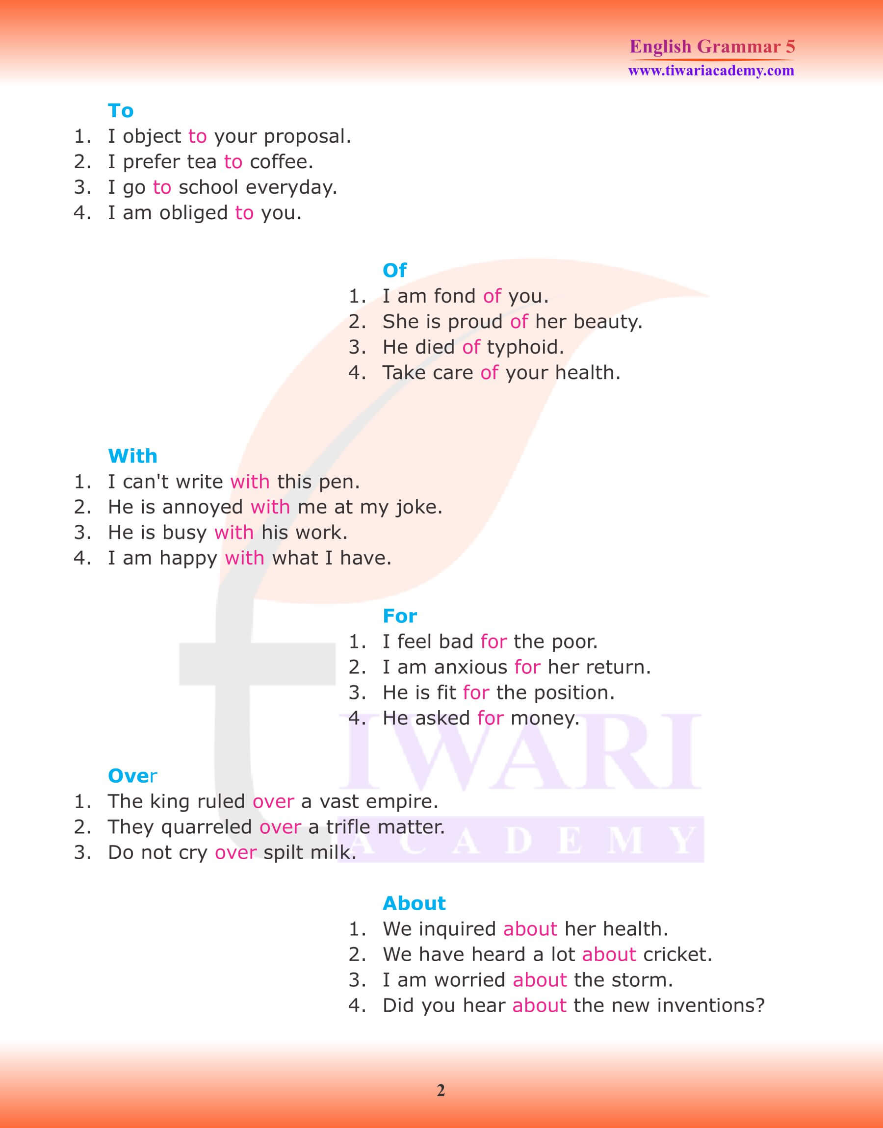 Class 5 English Grammar Prepositions