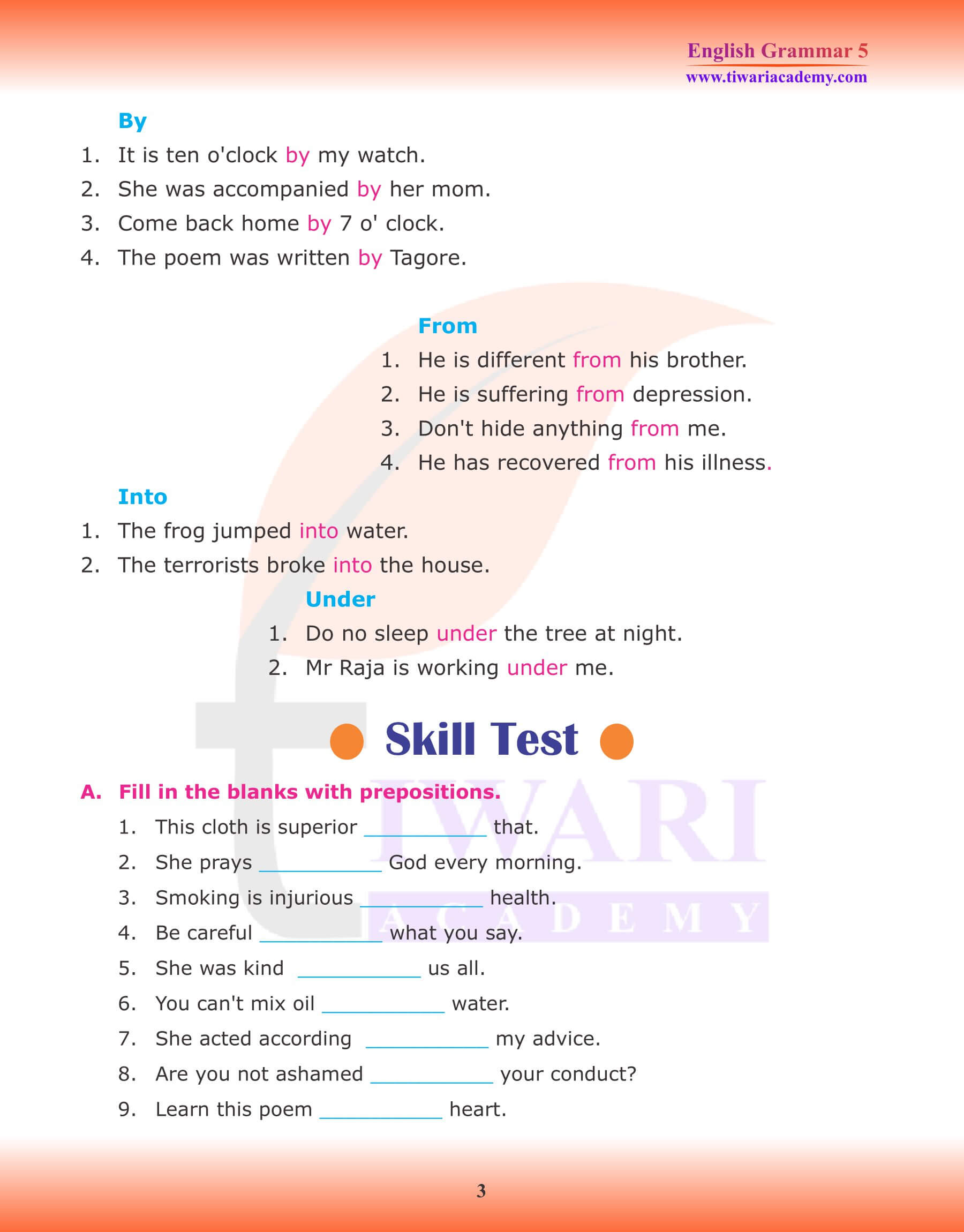 Class 5 English Grammar Types of Prepositions