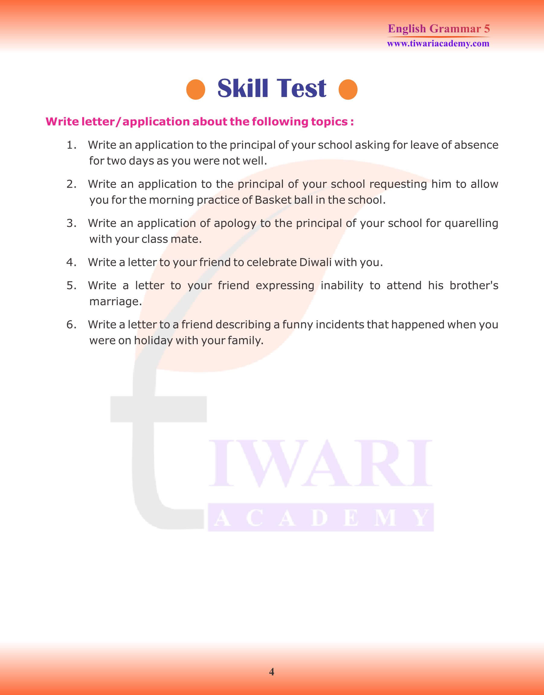 Class 5 English Grammar Letter Application writing Revision