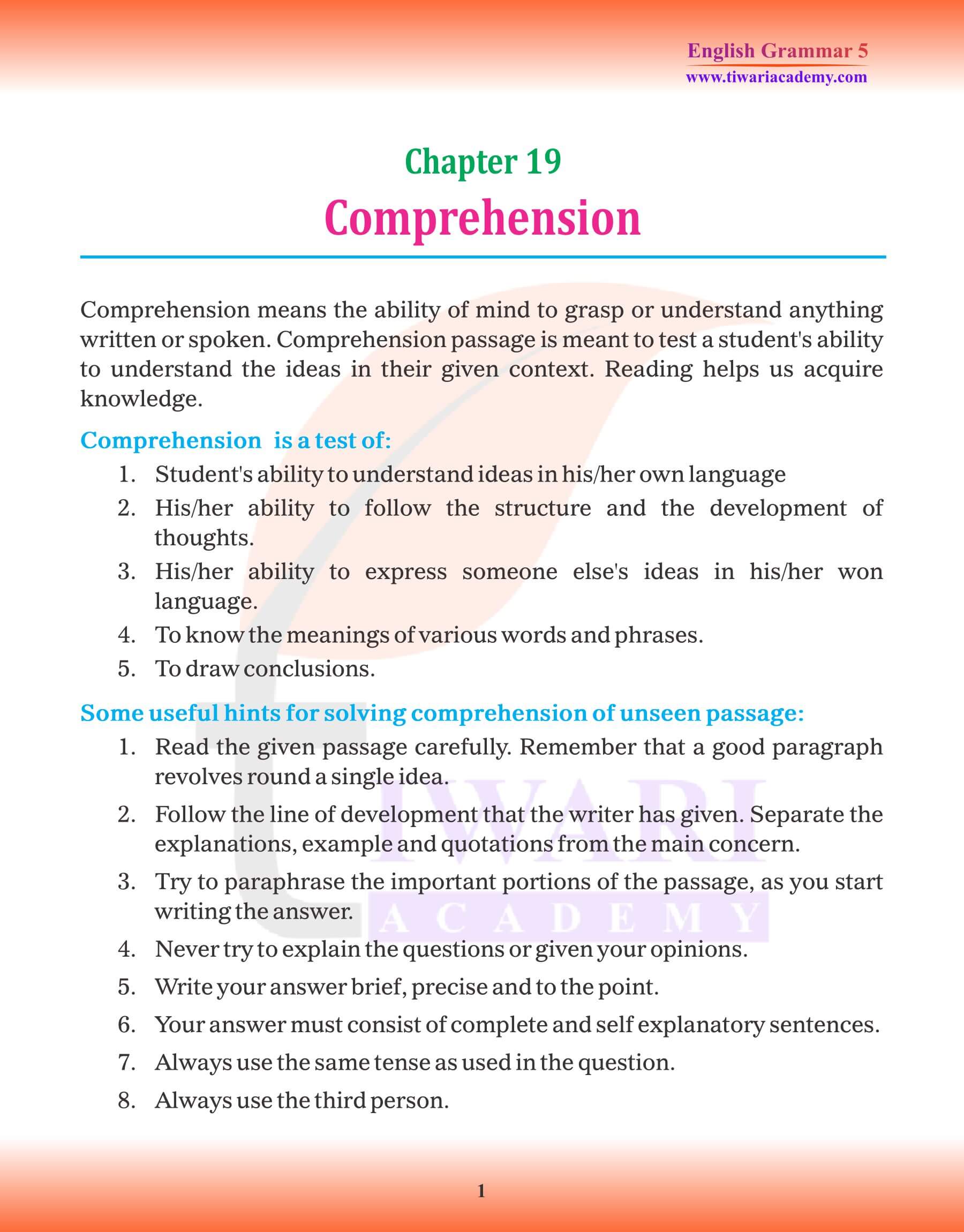 Class 5 English Grammar Chapter 19 Comprehension Rules