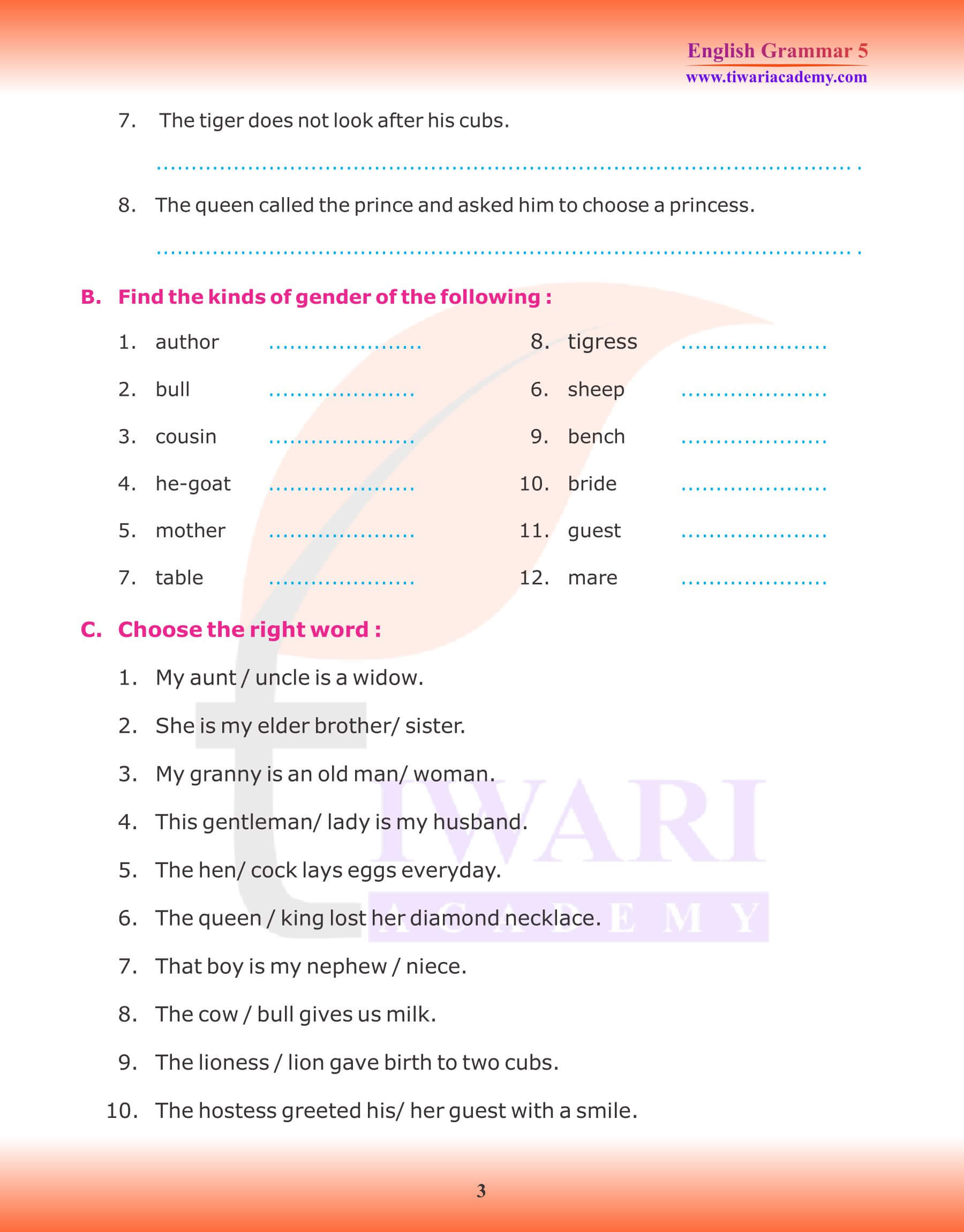 Class 5 English Grammar Noun Gender