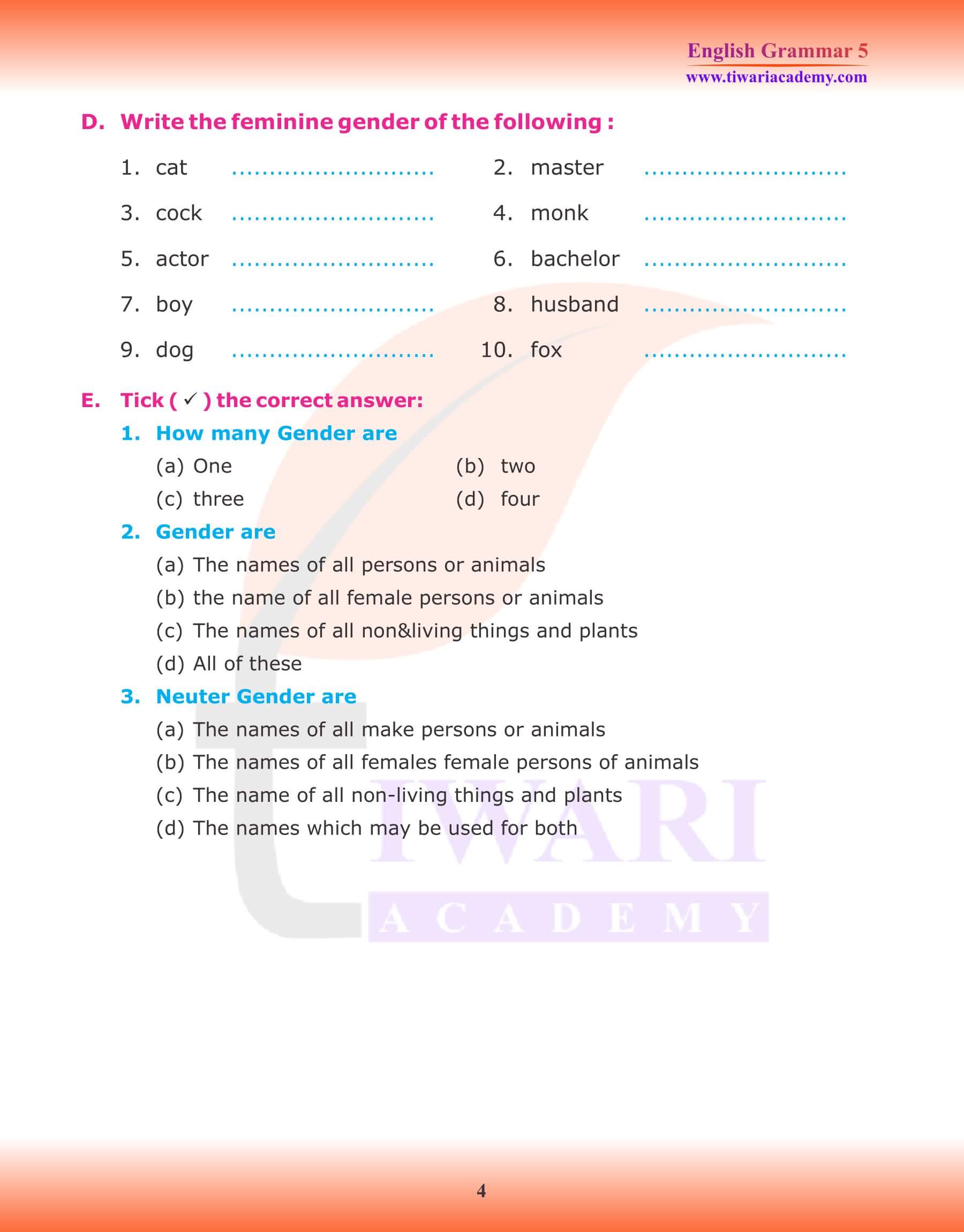 Class 5 English Grammar Noun Gender Exercises