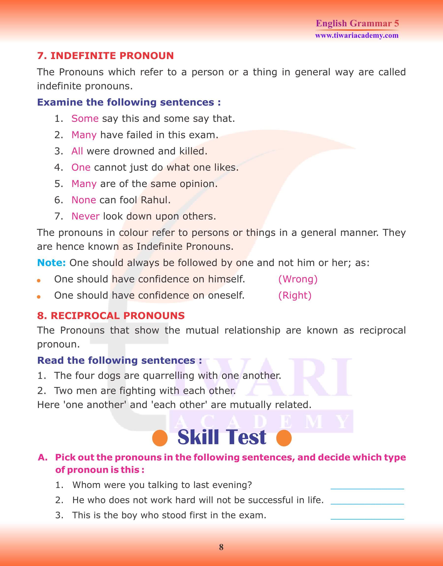 Class 5 English Grammar Pronoun Test