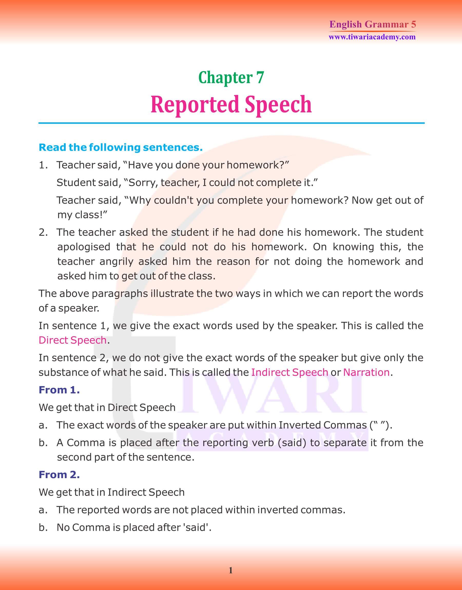 Class 5 Grammar Chapter 7 Reported Speech