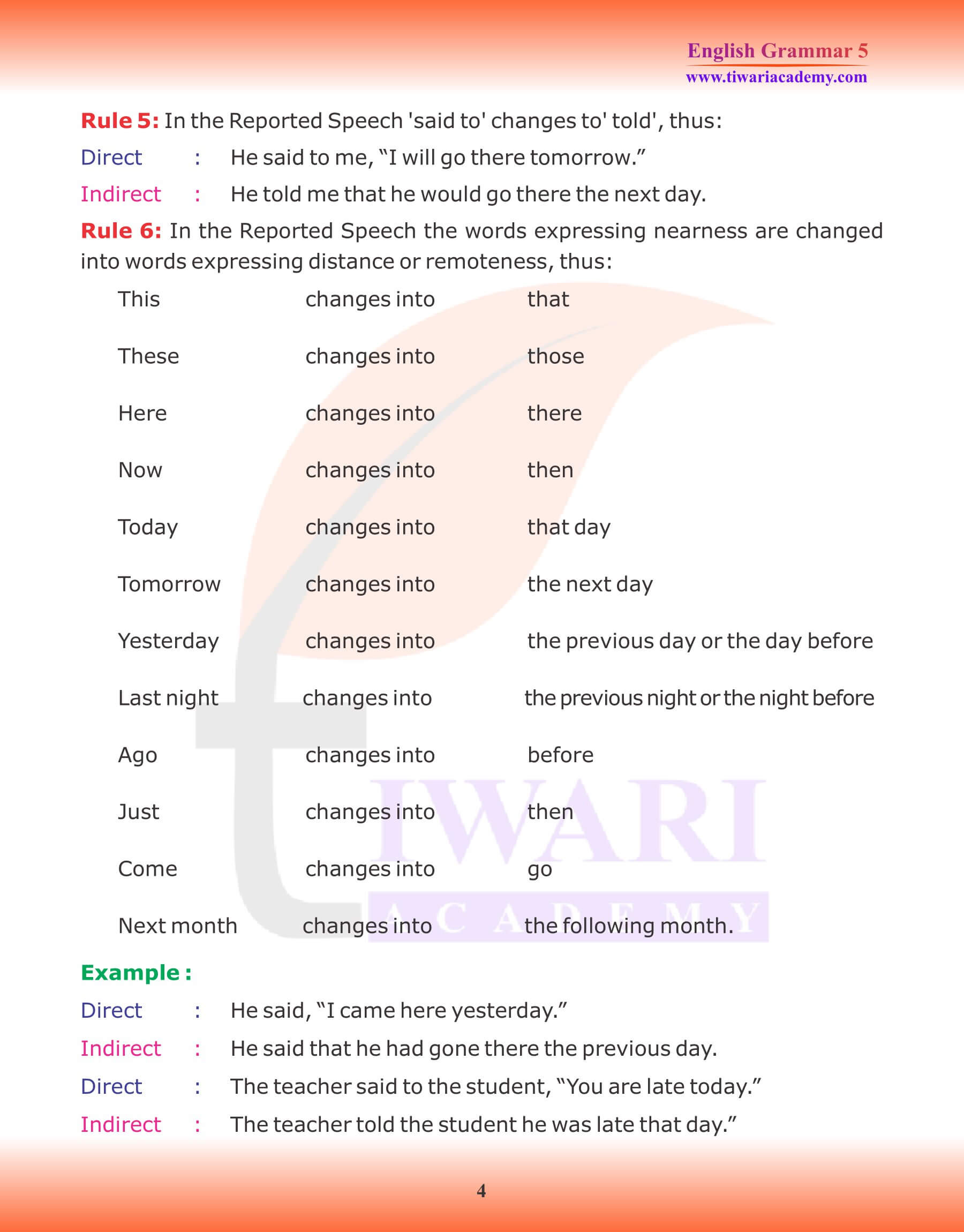 Class 5 English Grammar Direct and Indirect Speech