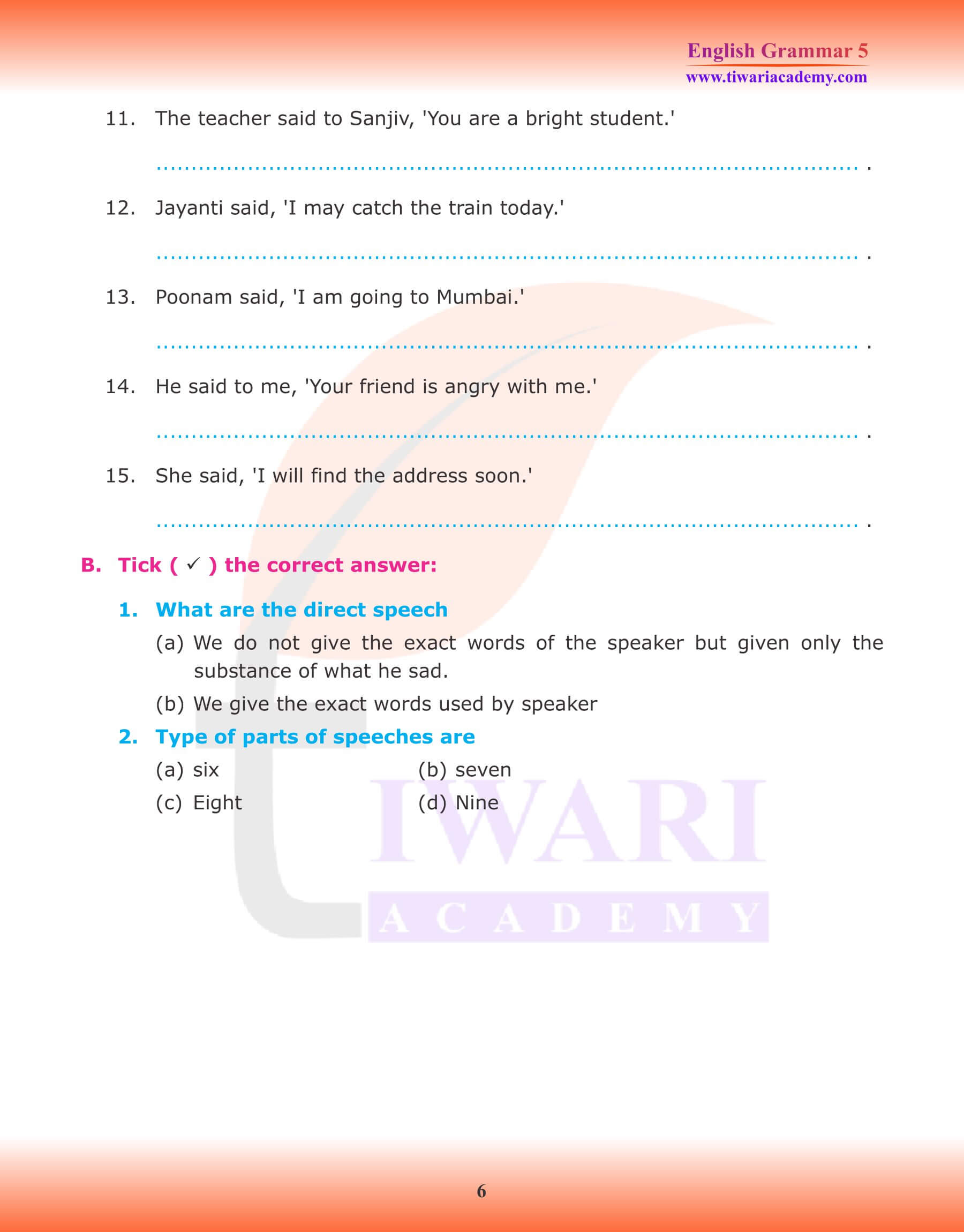 Class 5 English Grammar Reported Speech Exercises