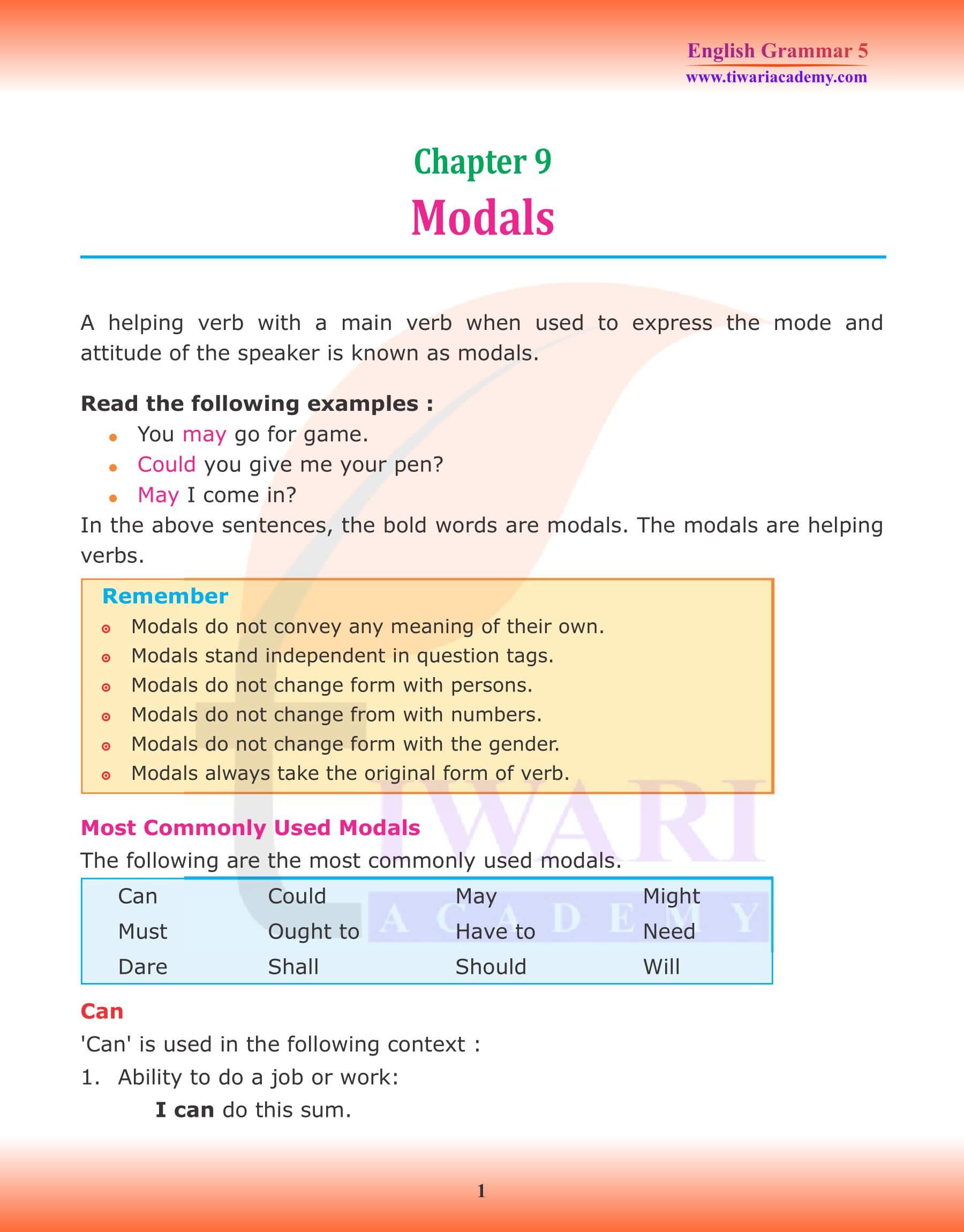 Class 5 Grammar Chapter 9 Modals