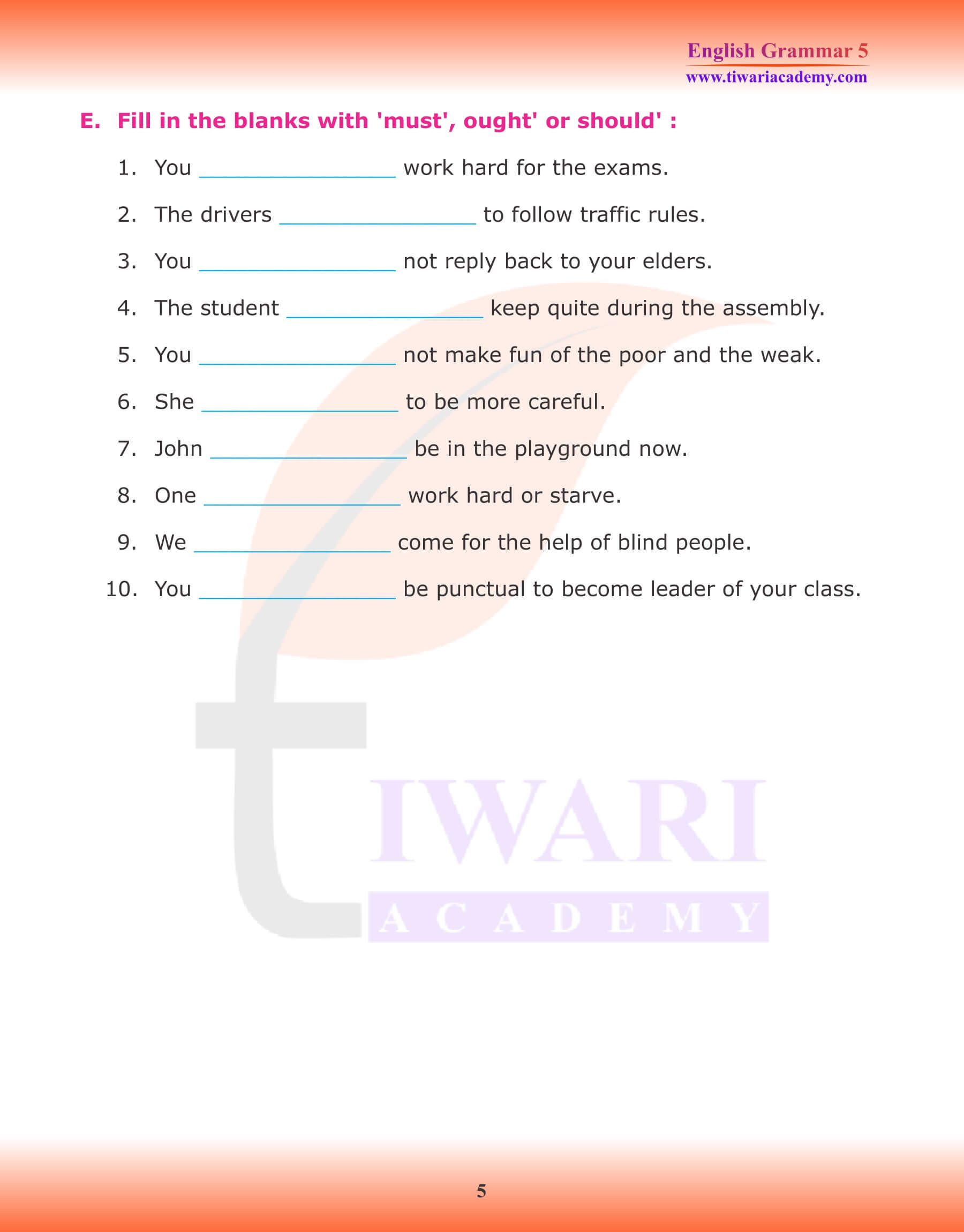 Class 5 English Grammar Modals exercises
