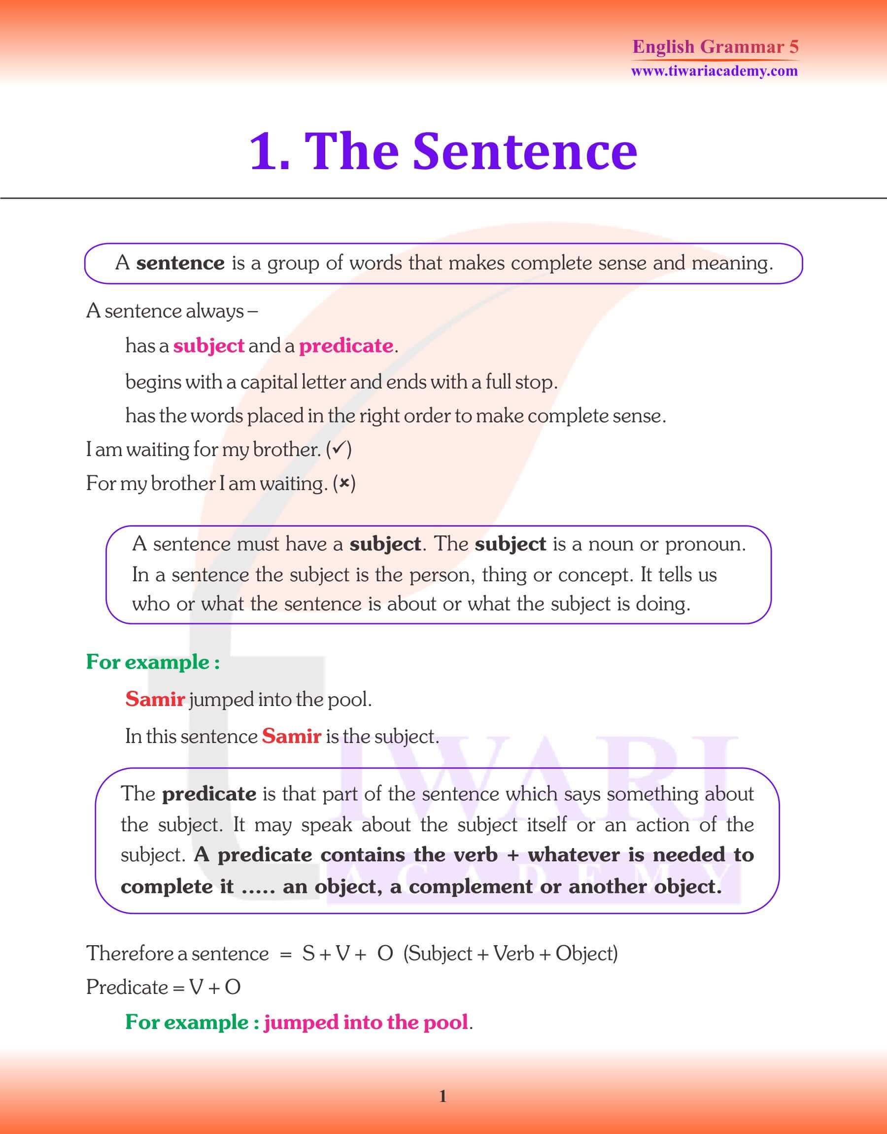 Class 5 English Grammar The Sentence Revision Book