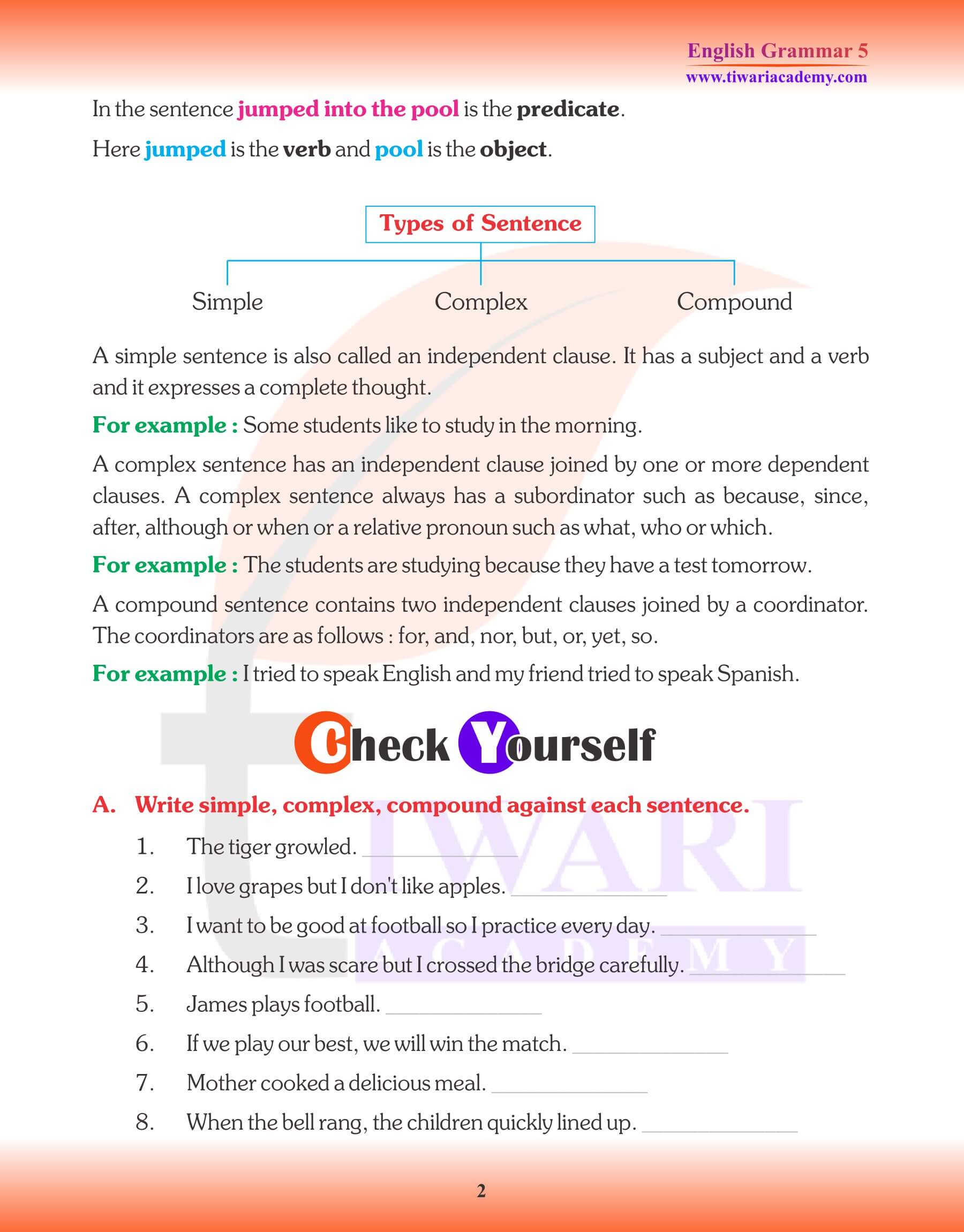 Class 5 English Grammar The Sentence Question Answers