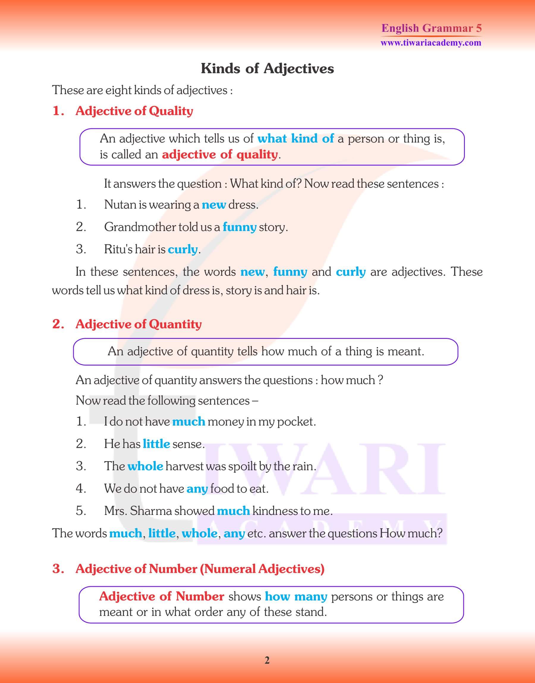 Class 5 English Grammar Adjective Revision Book