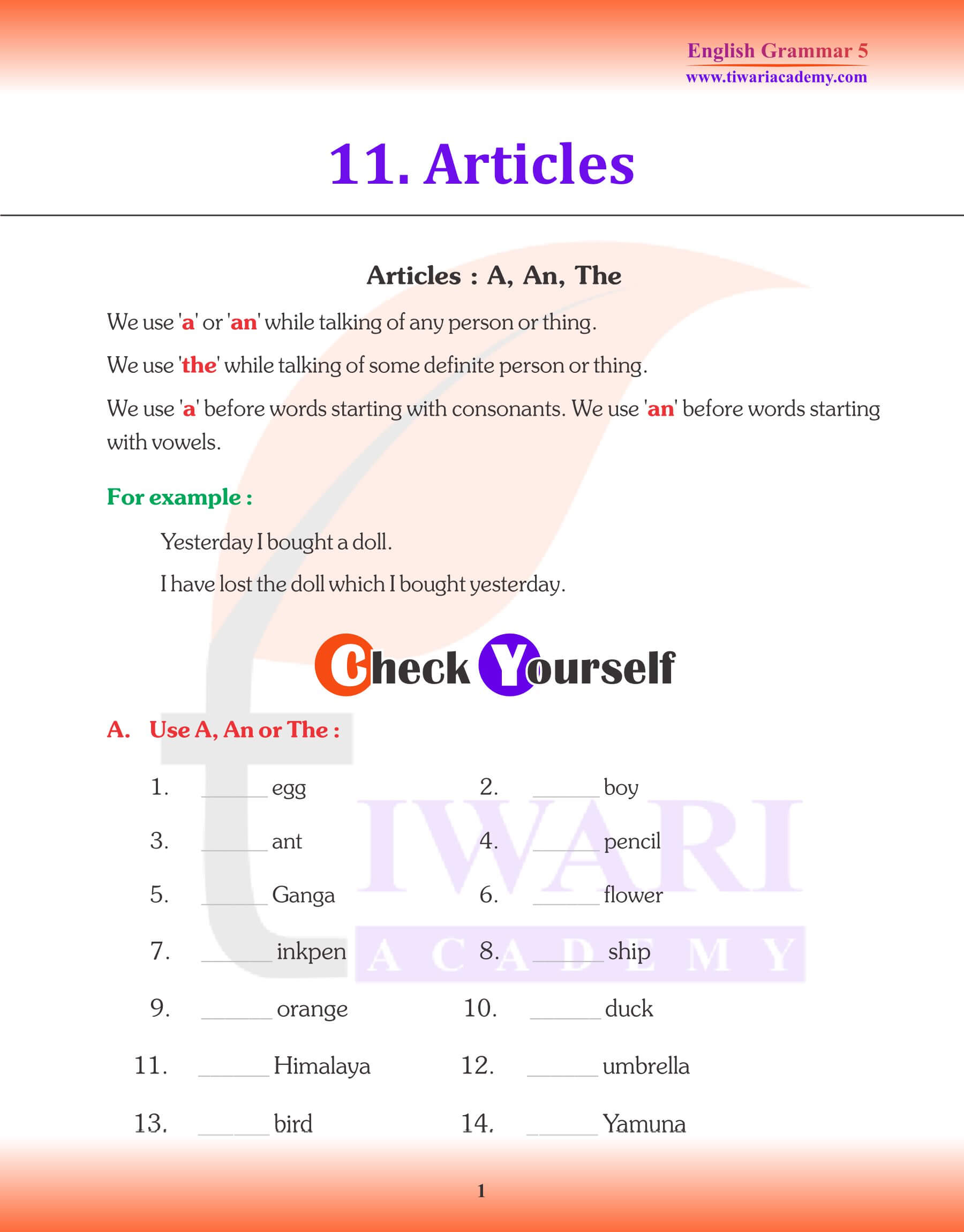 Class 5 English Grammar Articles Revision Book