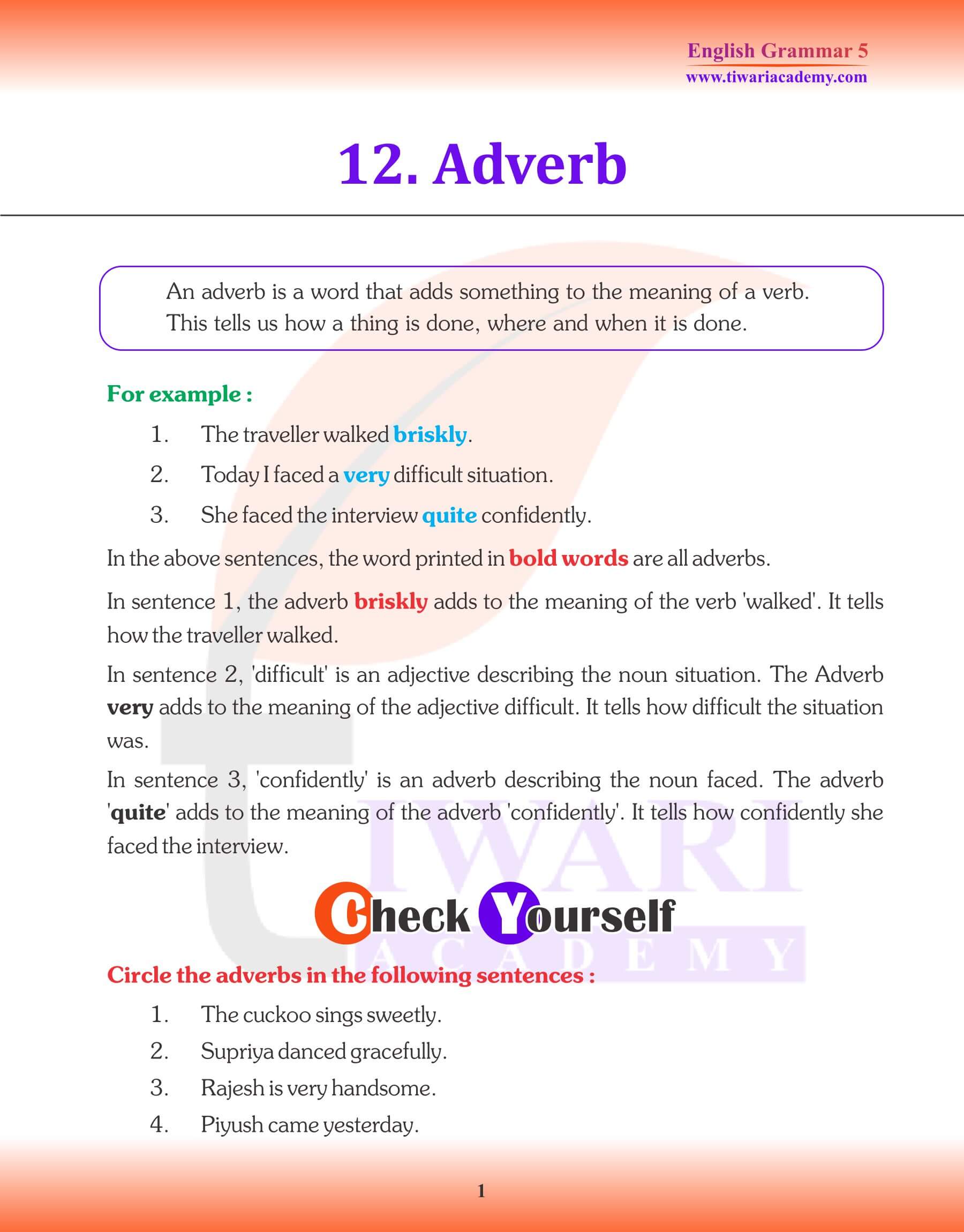 Class 5 English Grammar Adverbs Revision Book