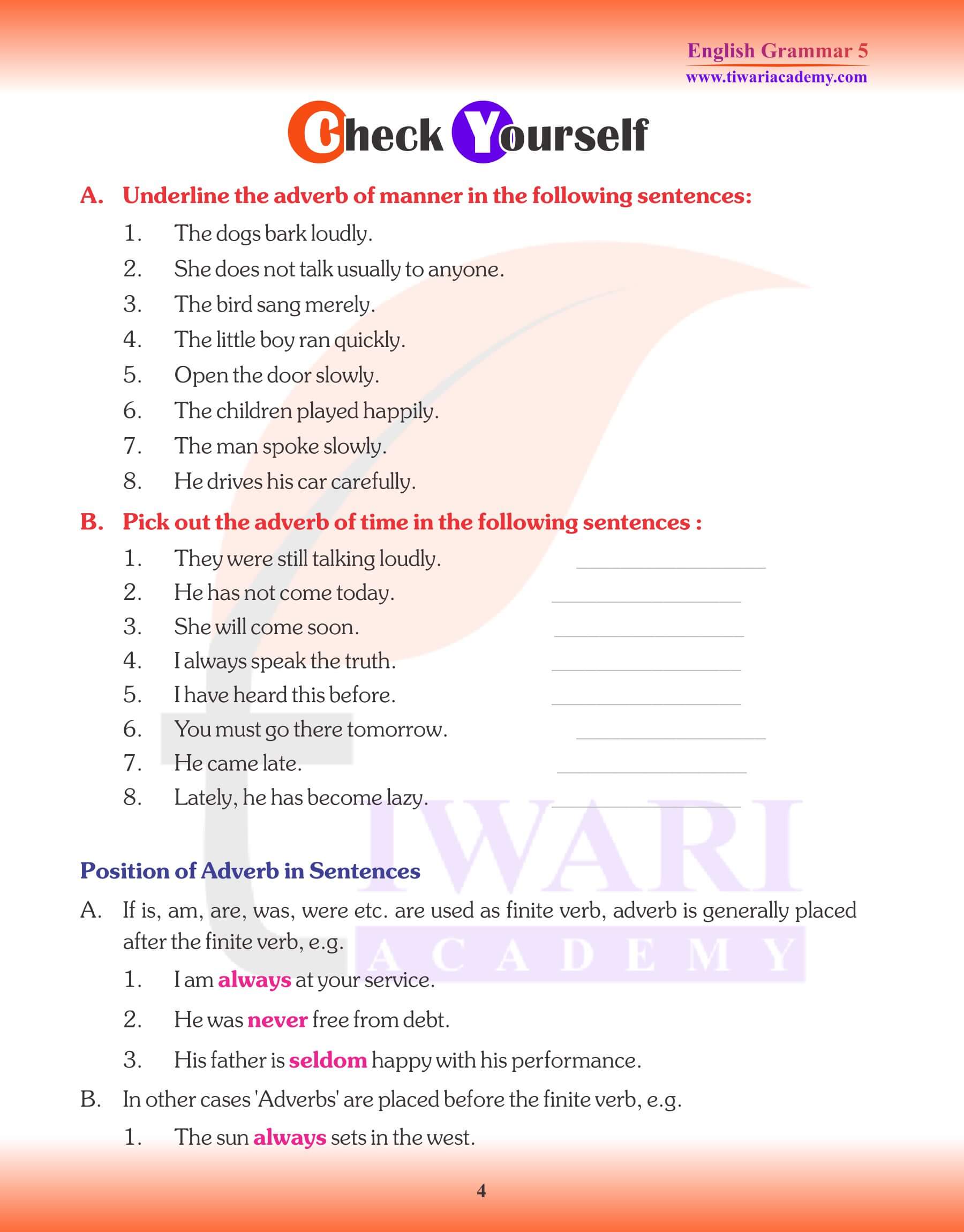 Class 5 English Grammar Adverbs Question Answers