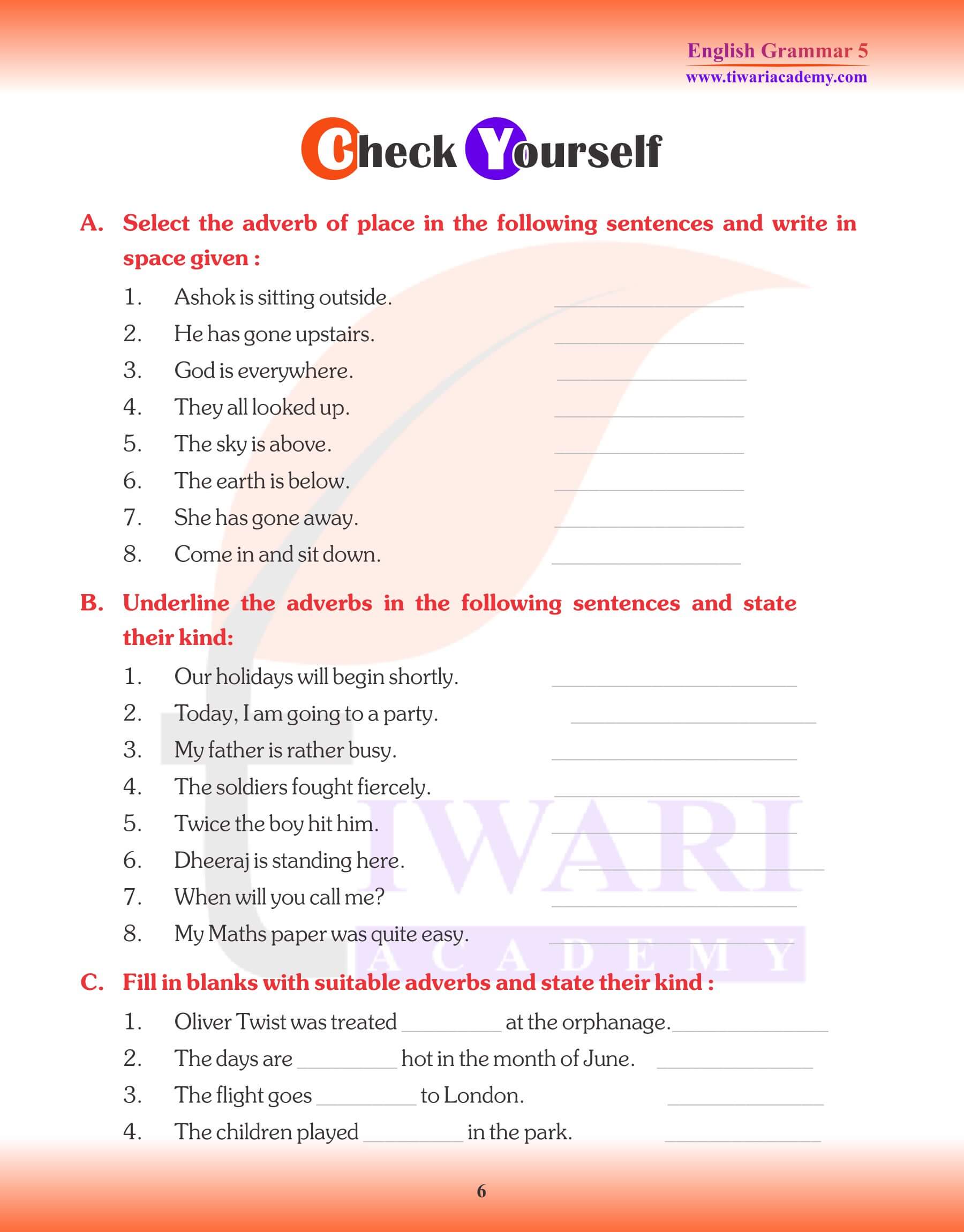 Class 5 Grammar Adverbs Assignments