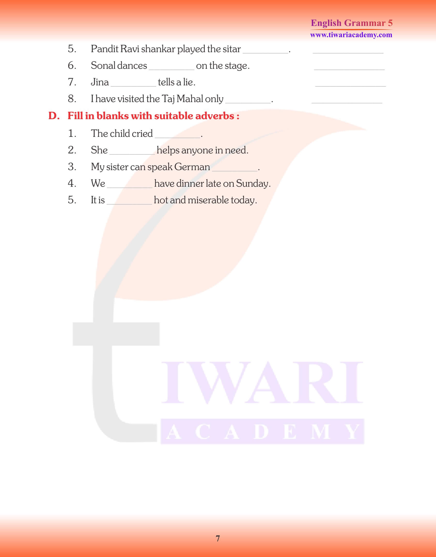 Class 5 Grammar Adverbs Worksheets