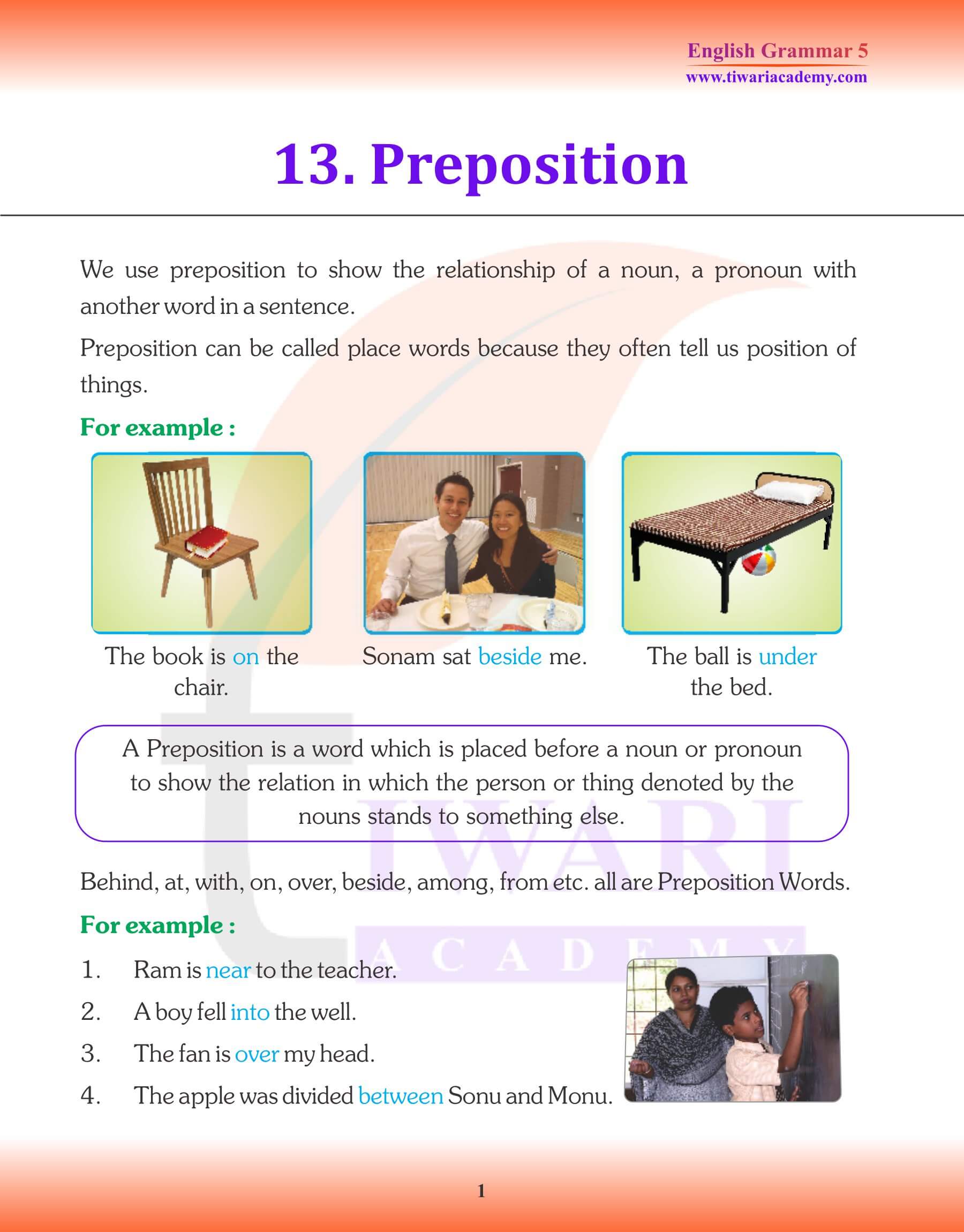 Class 5 English Grammar Prepositions Revision Book