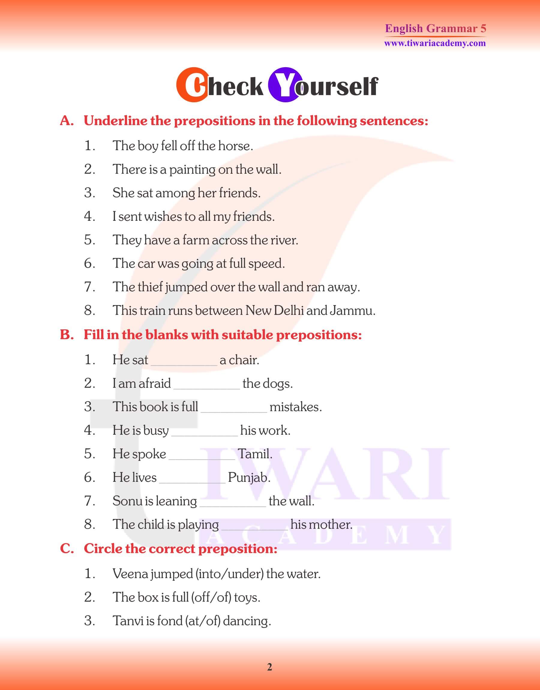 Class 5 English Grammar Prepositions Exercises