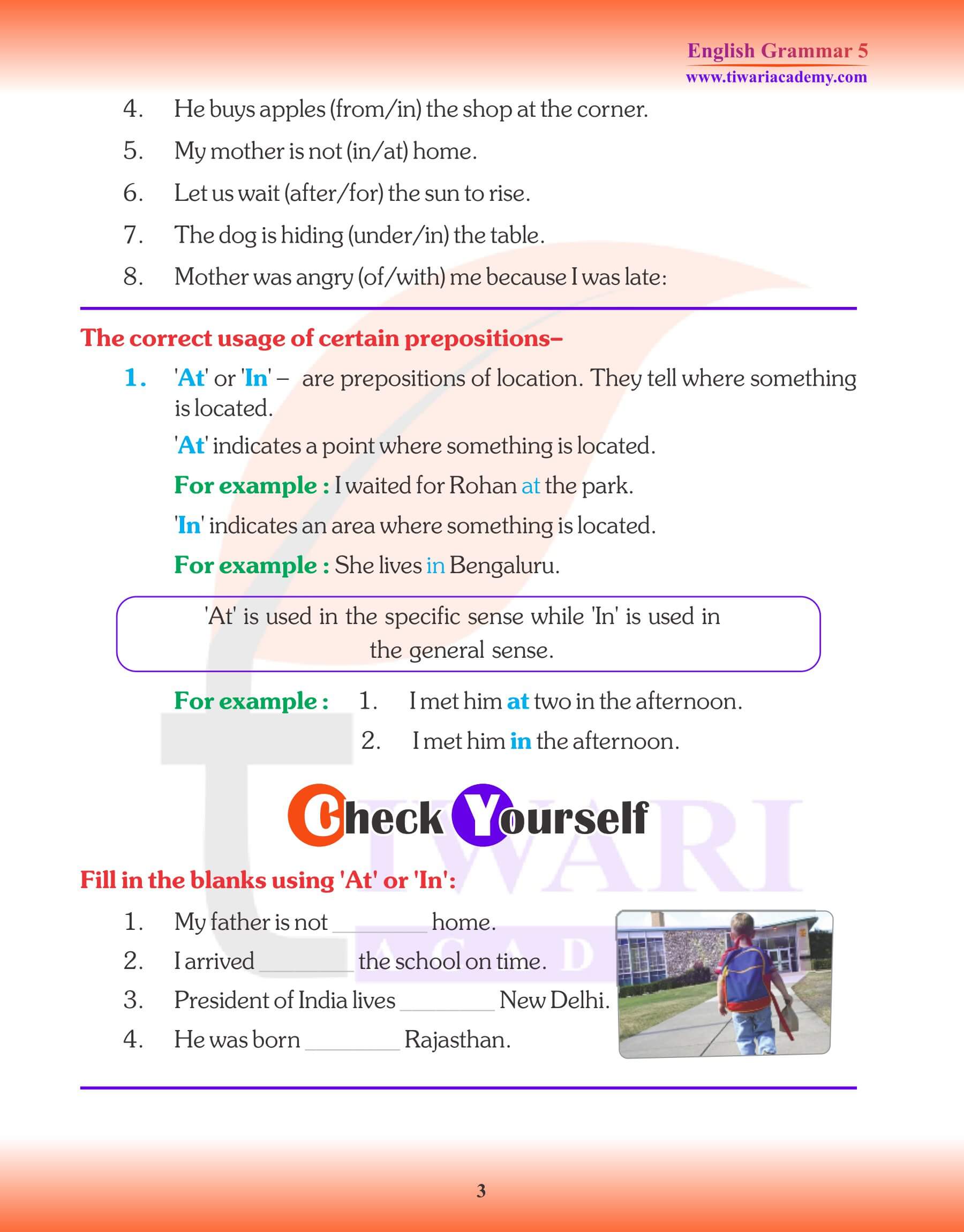 Class 5 English Grammar Prepositions QA