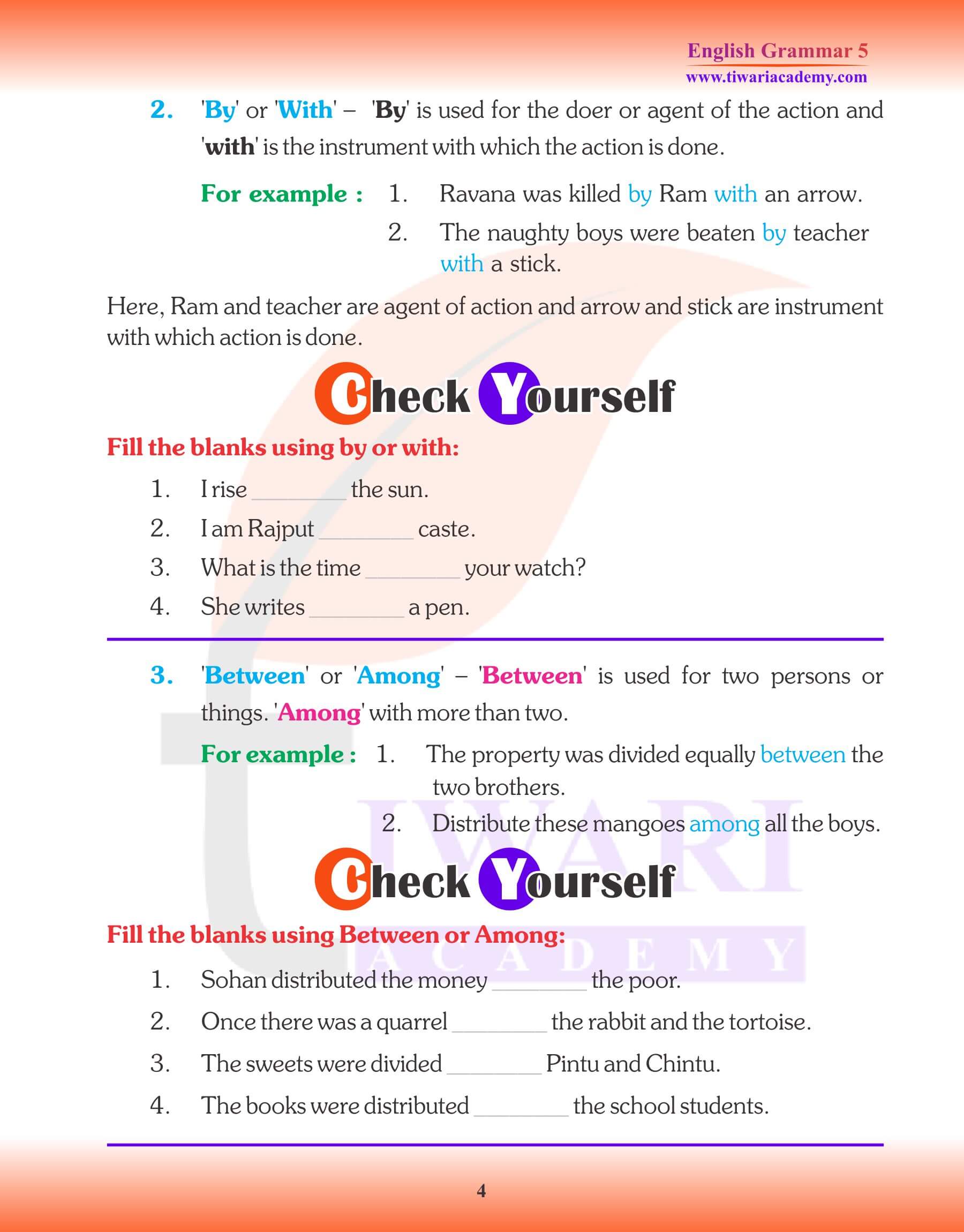 Class 5 English Grammar Prepositions Assignments