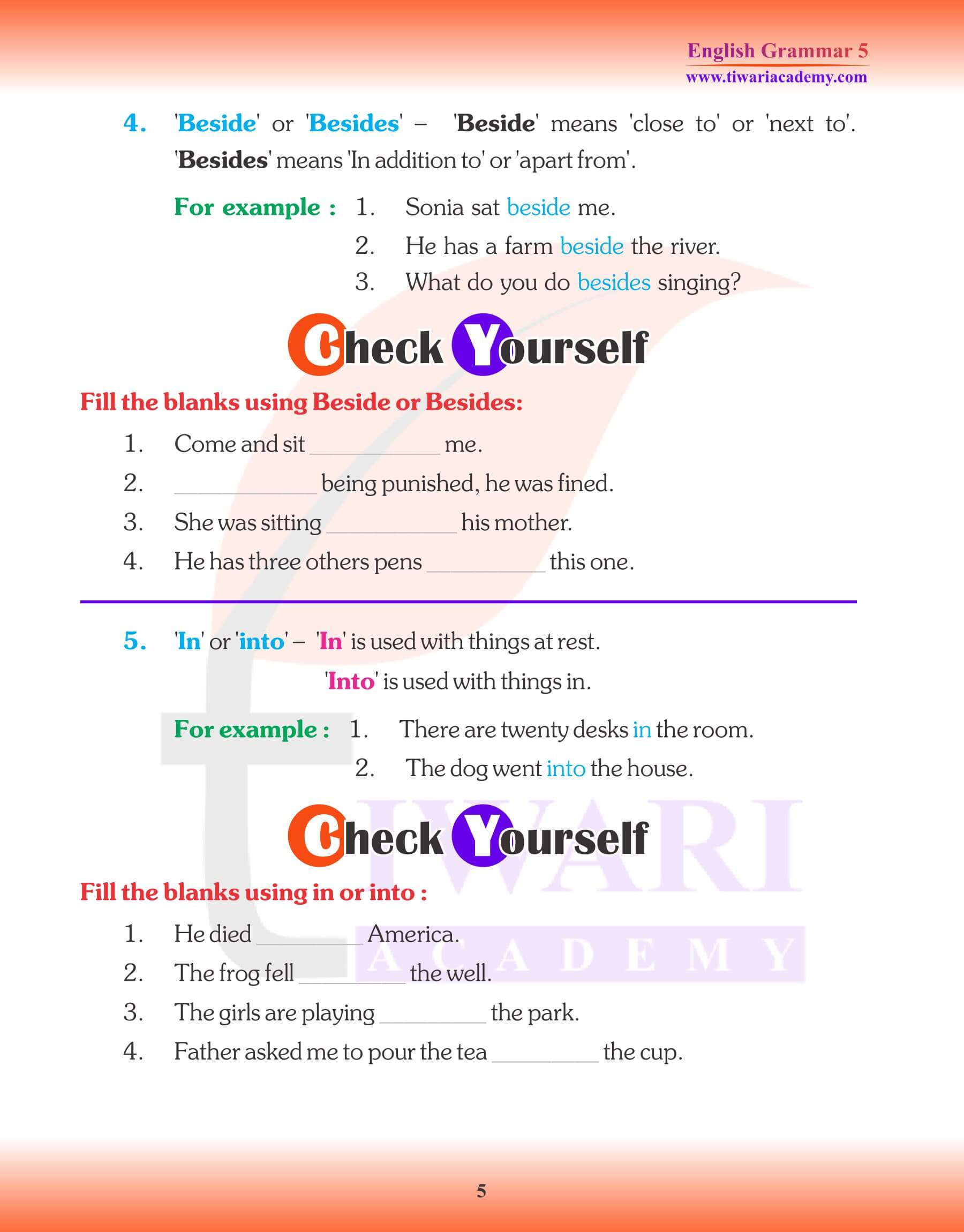 Class 5 English Grammar Prepositions Worksheets
