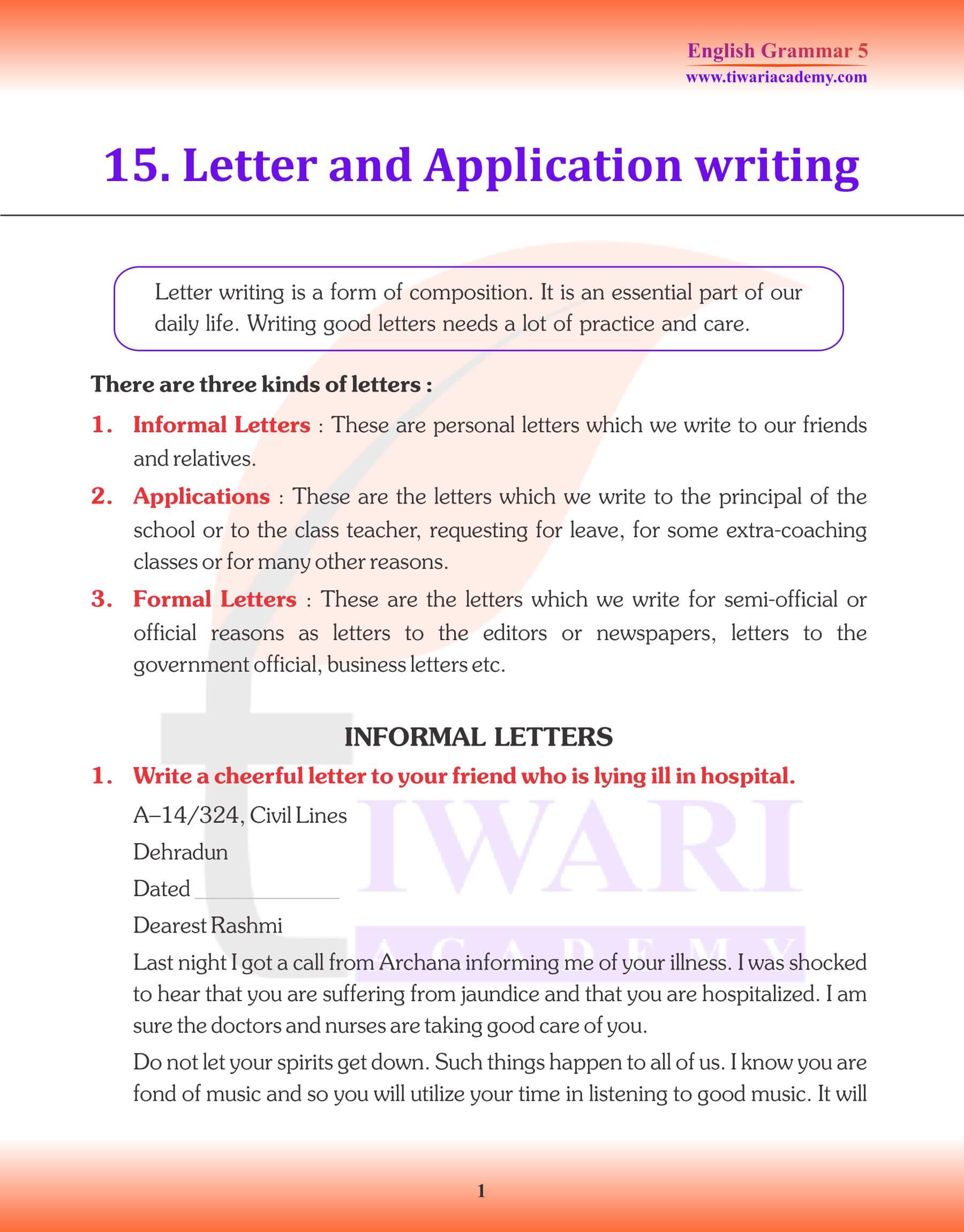 Class 5 English Grammar Letter and Application writing Revision Book