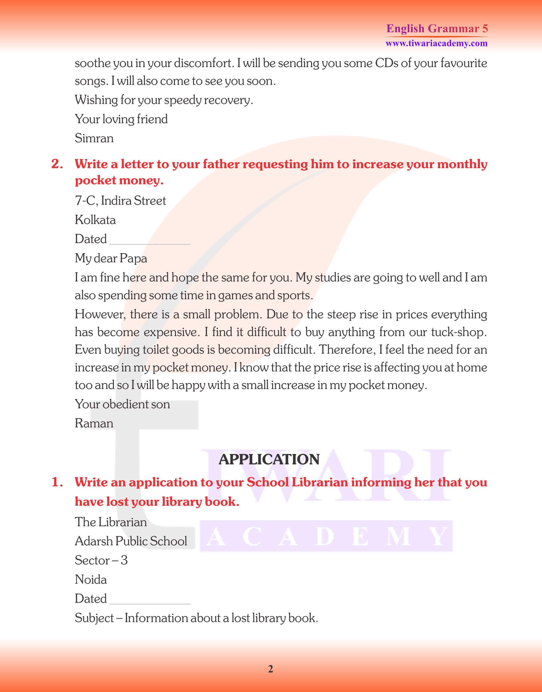 Class 5 English Grammar Letter writing Examples