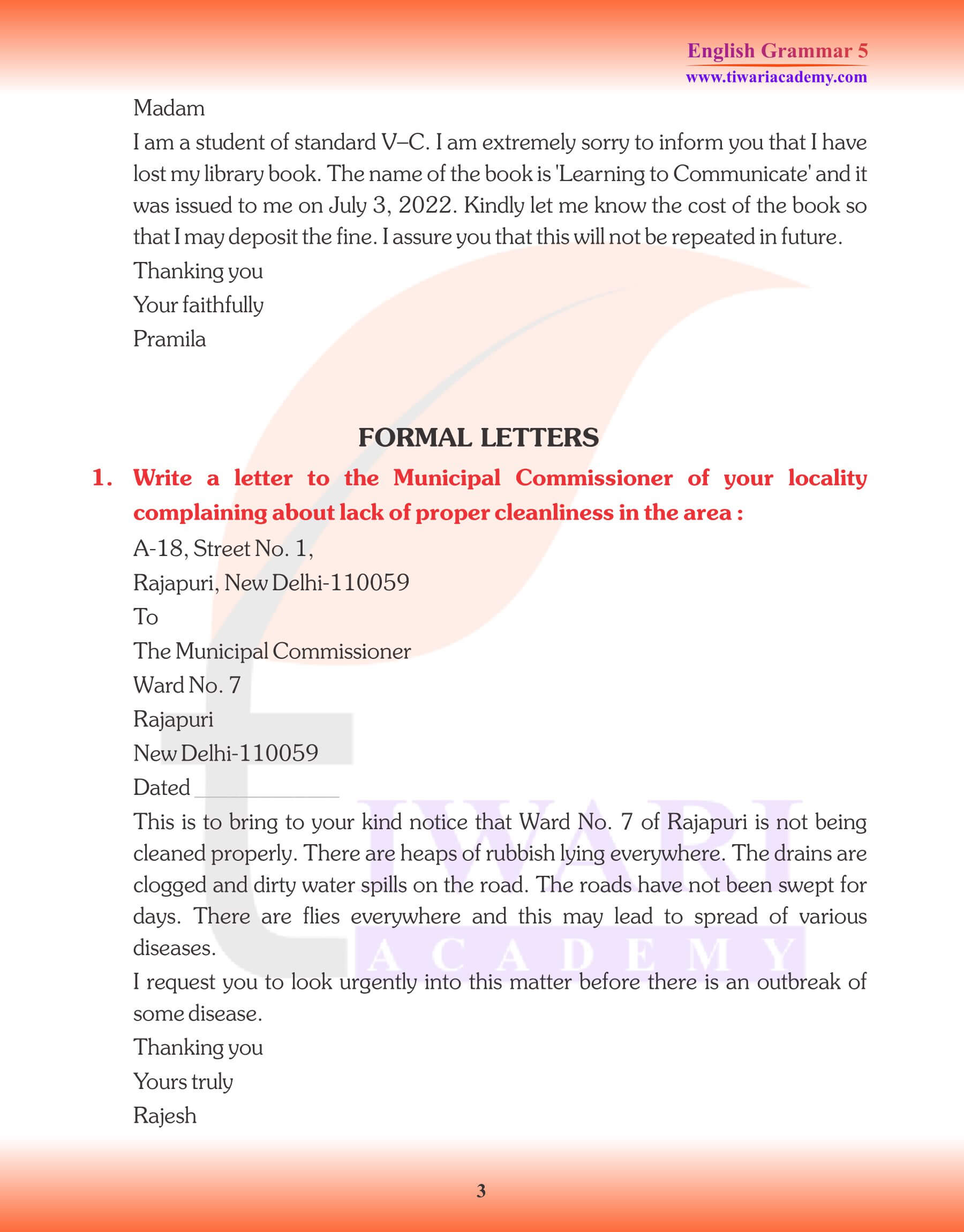 Class 5 English Grammar Application writing Examples